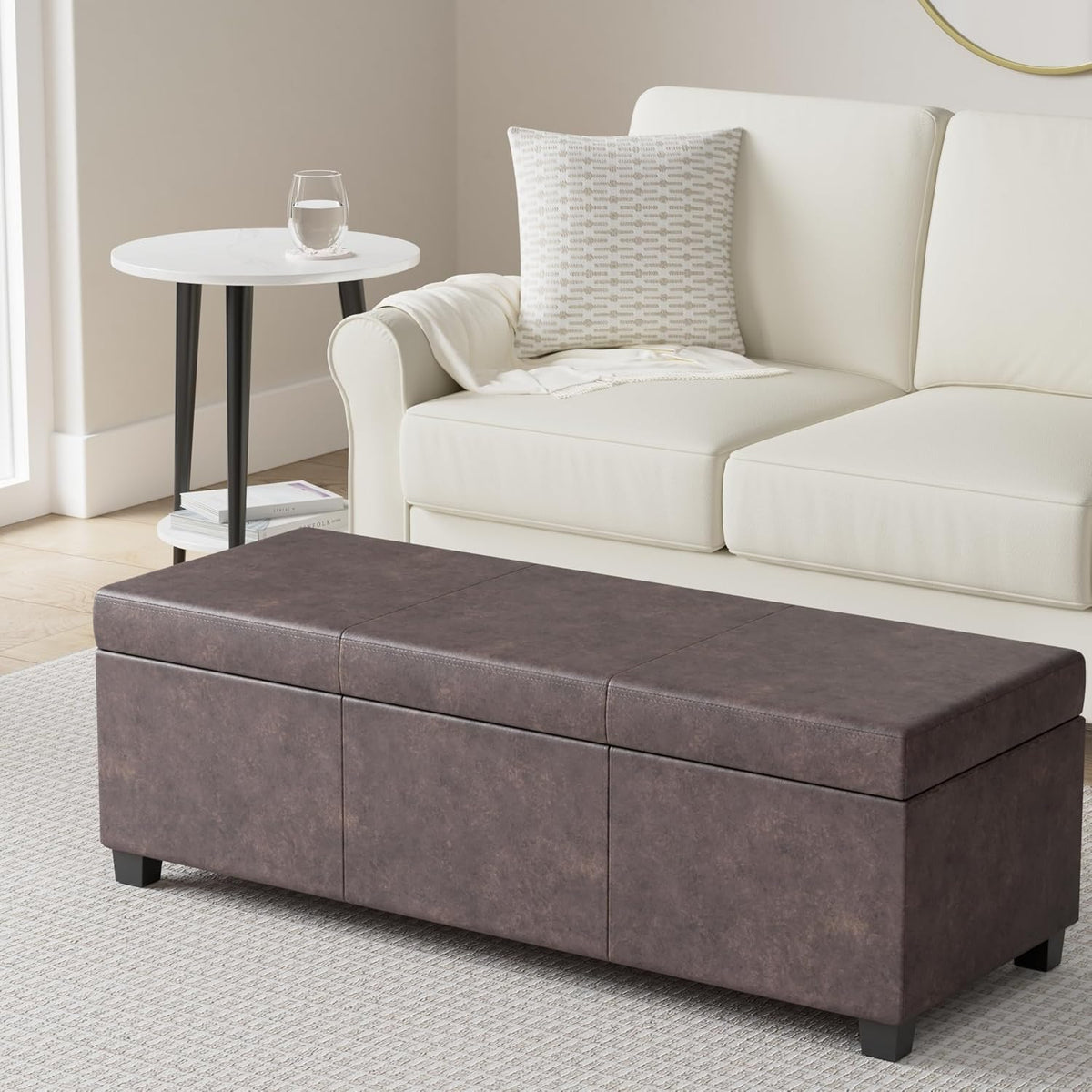 SIMPLIHOME Avalon 48 inch Wide Contemporary Rectangle Storage Ottoman Bench in Distressed Brown