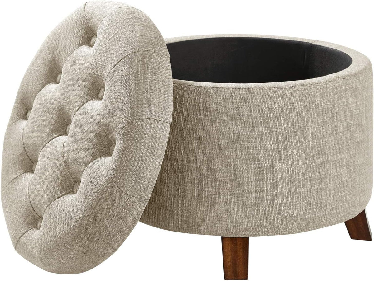 Amazon Basics Round Linen Ottoman with Storage, Tufted Upholstered Footstool for Living Room and