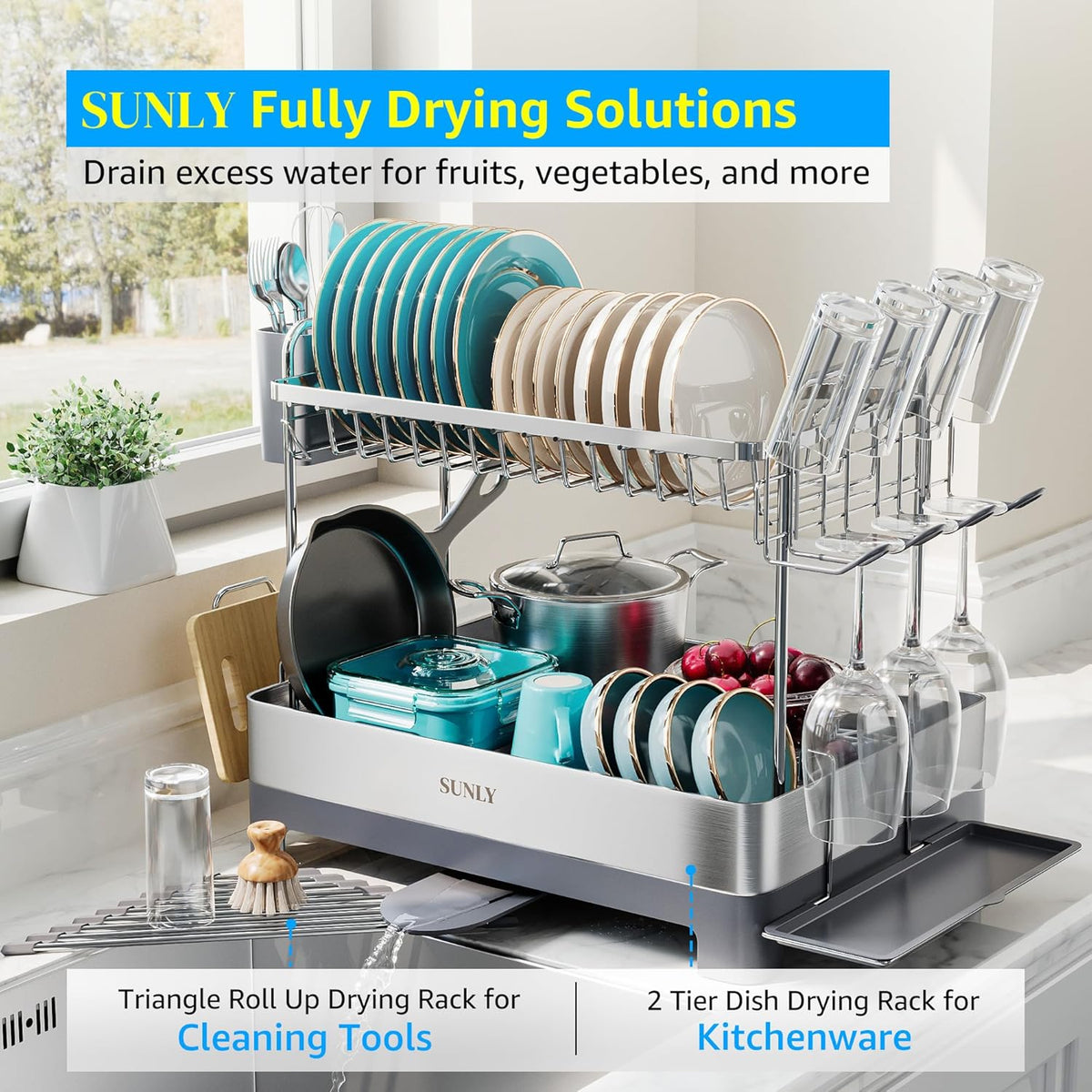 SUNLY Large Dish Drying Rack, Multipurpose 2 Tier Dish Racks for Kitchen Counter, 304 Stainless
