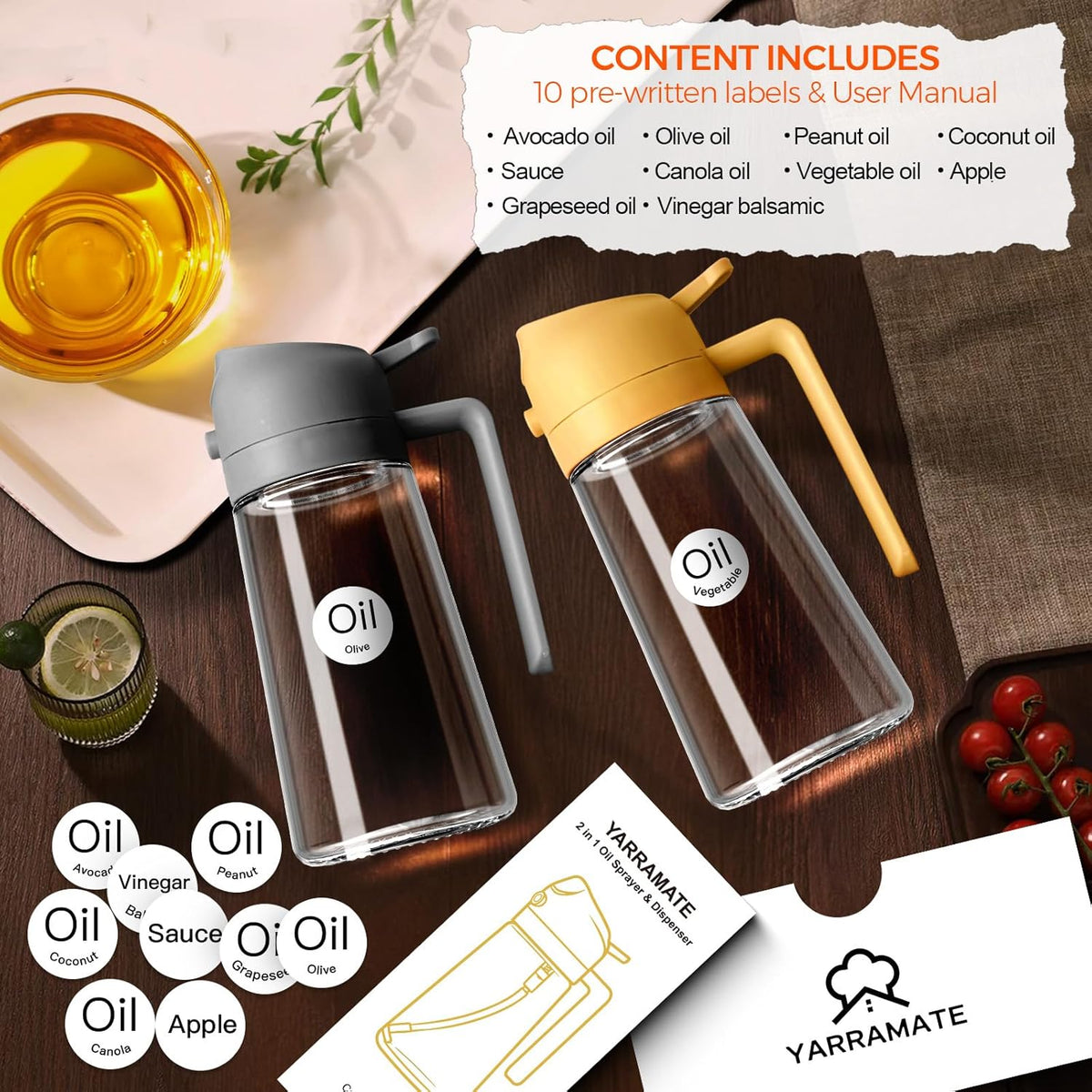 YARRAMATE 16oz/470ml Oil Sprayer for Cooking with Stickers, Food-grade Premium 2 in 1 Olive Oil