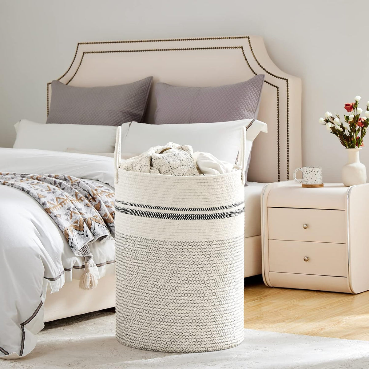 VIPOSCO Large Laundry Hamper, Tall Woven Rope Storage Basket for Blanket, Toys, Dirty Clothes in