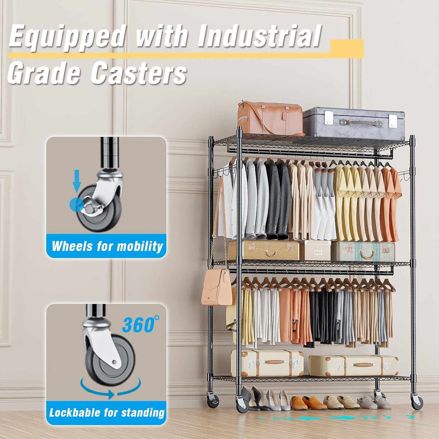 Homdox 3 Tier Heavy Duty Garment Rack with Wheels, Adjustable Wire Clothes Rack with Double Hanging