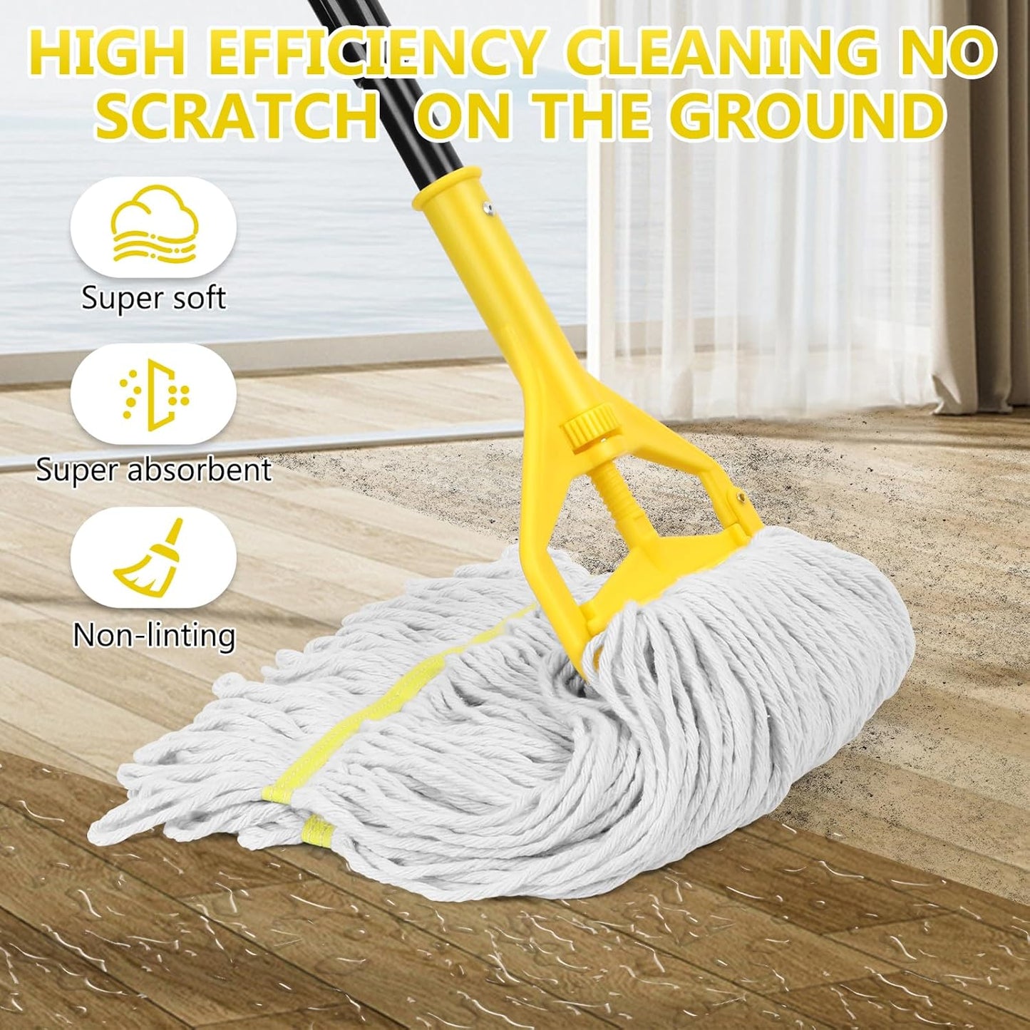 Beyoco Heavy Duty Commercial Industrial Cotton Mop with Long Handle,Looped-End String Wet Mops with