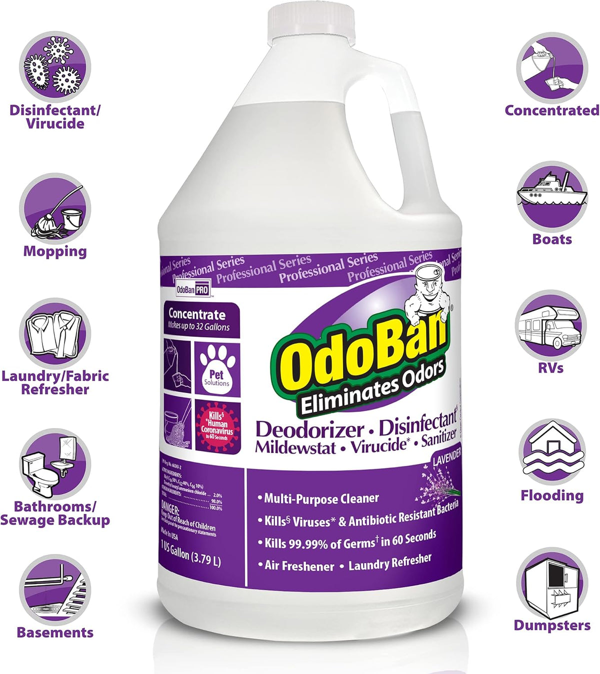 OdoBan Professional Disinfectant and Odor Eliminator Concentrate, 3-Pack, 1 Gallon Each, Lavender