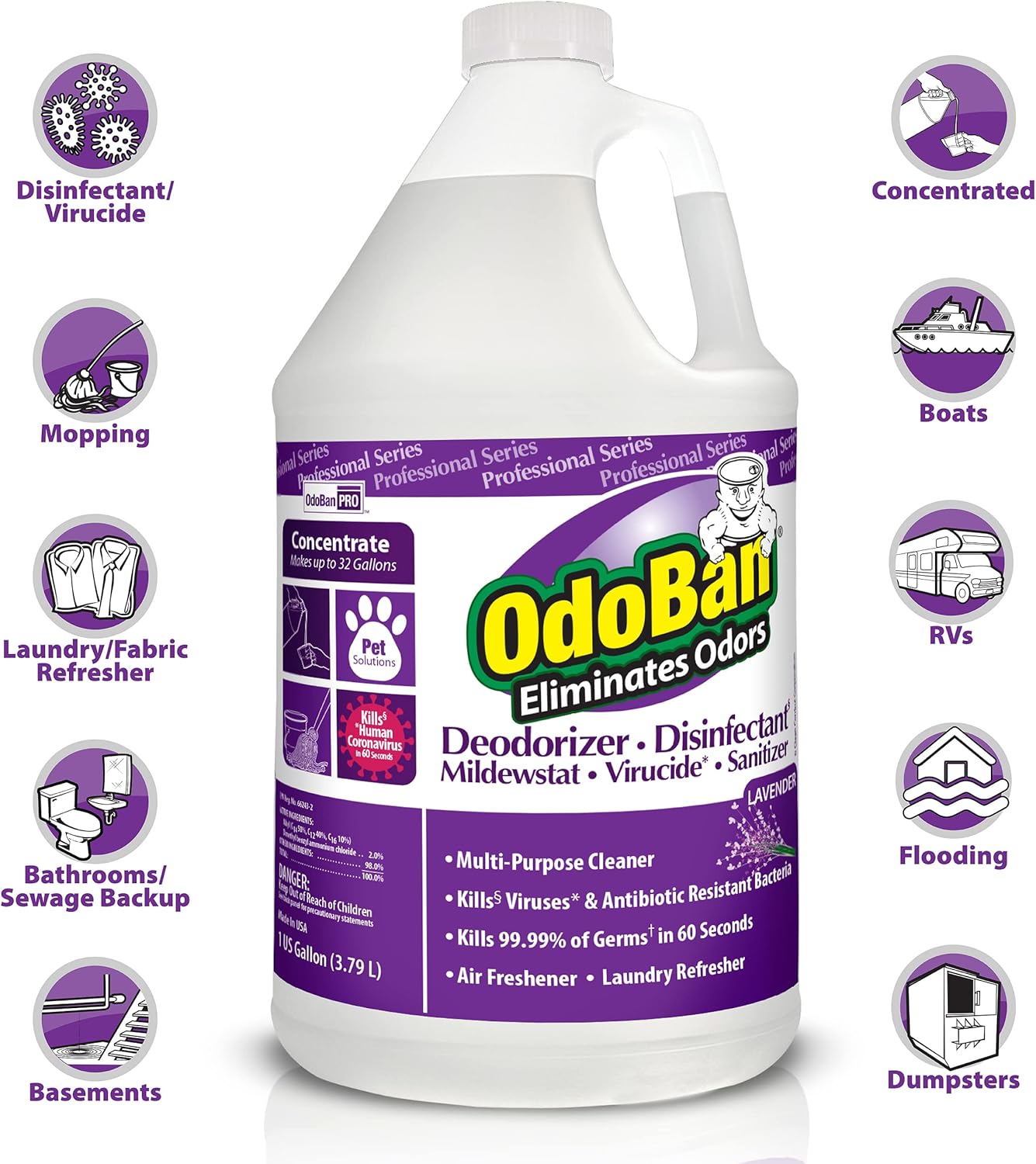 OdoBan Professional Disinfectant and Odor Eliminator Concentrate, Made in the USA, Lavender Scent