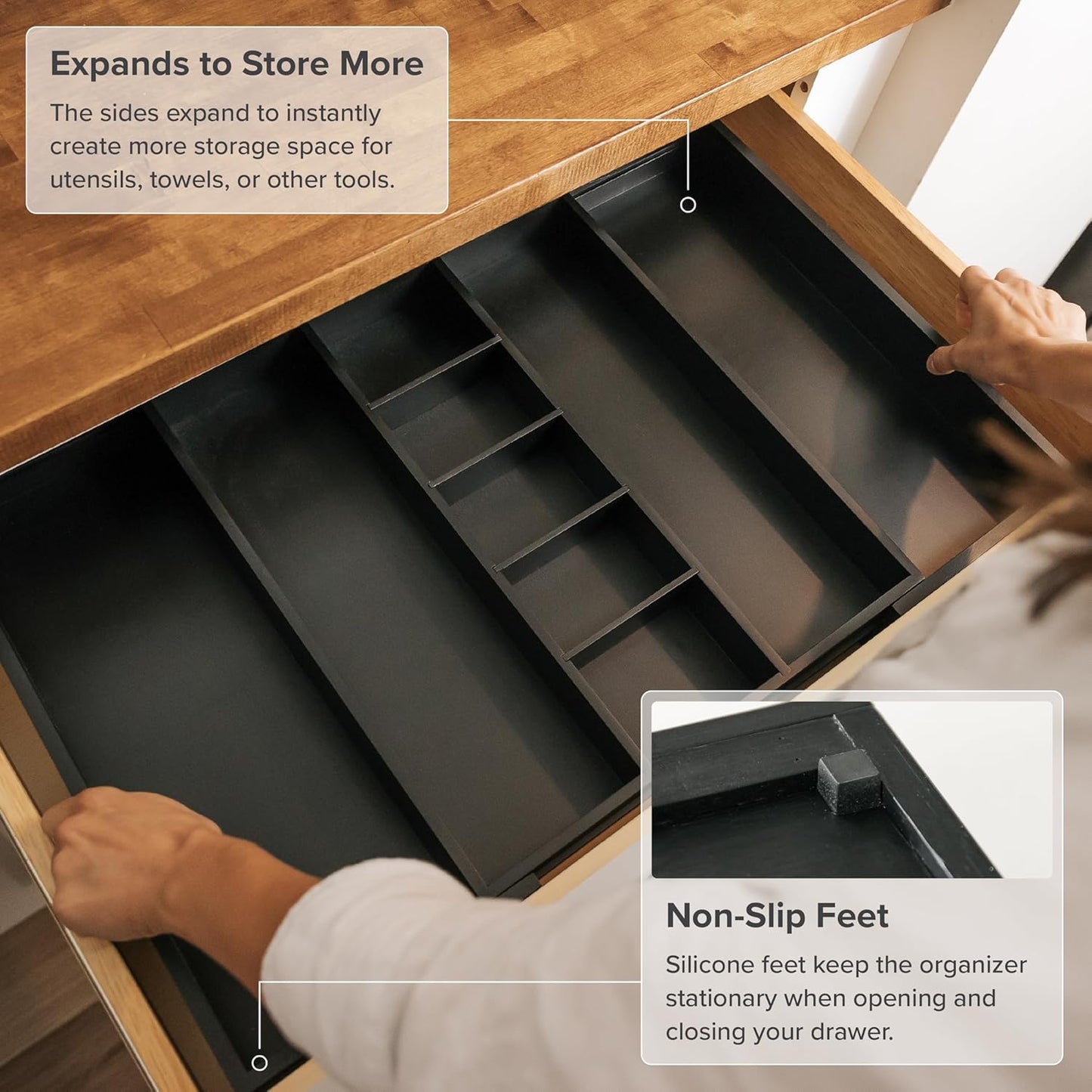 KitchenEdge Adjustable Kitchen Drawer Organizer for Utensils and Junk, Food-Safe Contract Grade