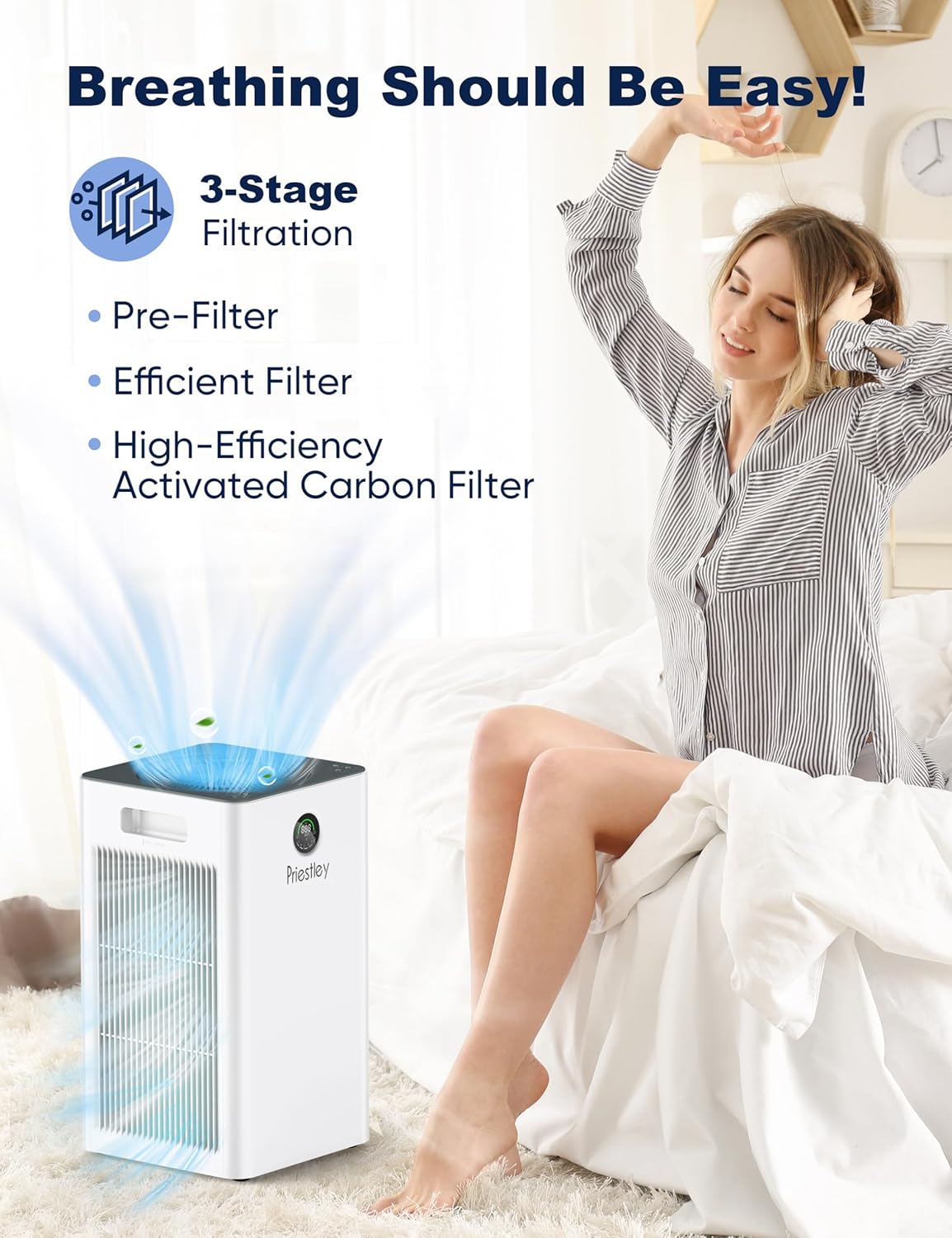 Priestley Air Purifiers for Home Large Room up to 1500 sq ft, Smart Control Air Purifier, True HEPA