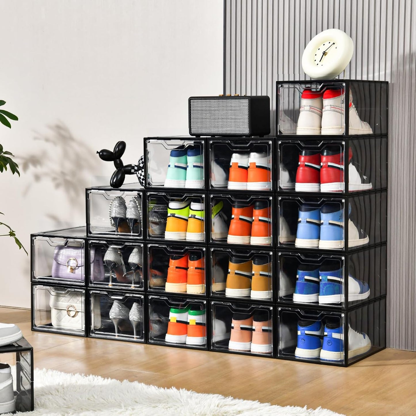 12 Pack Stackable Shoe Storage Organizer with Magnetic Door, Shoe Boxes Clear Black Plastic for