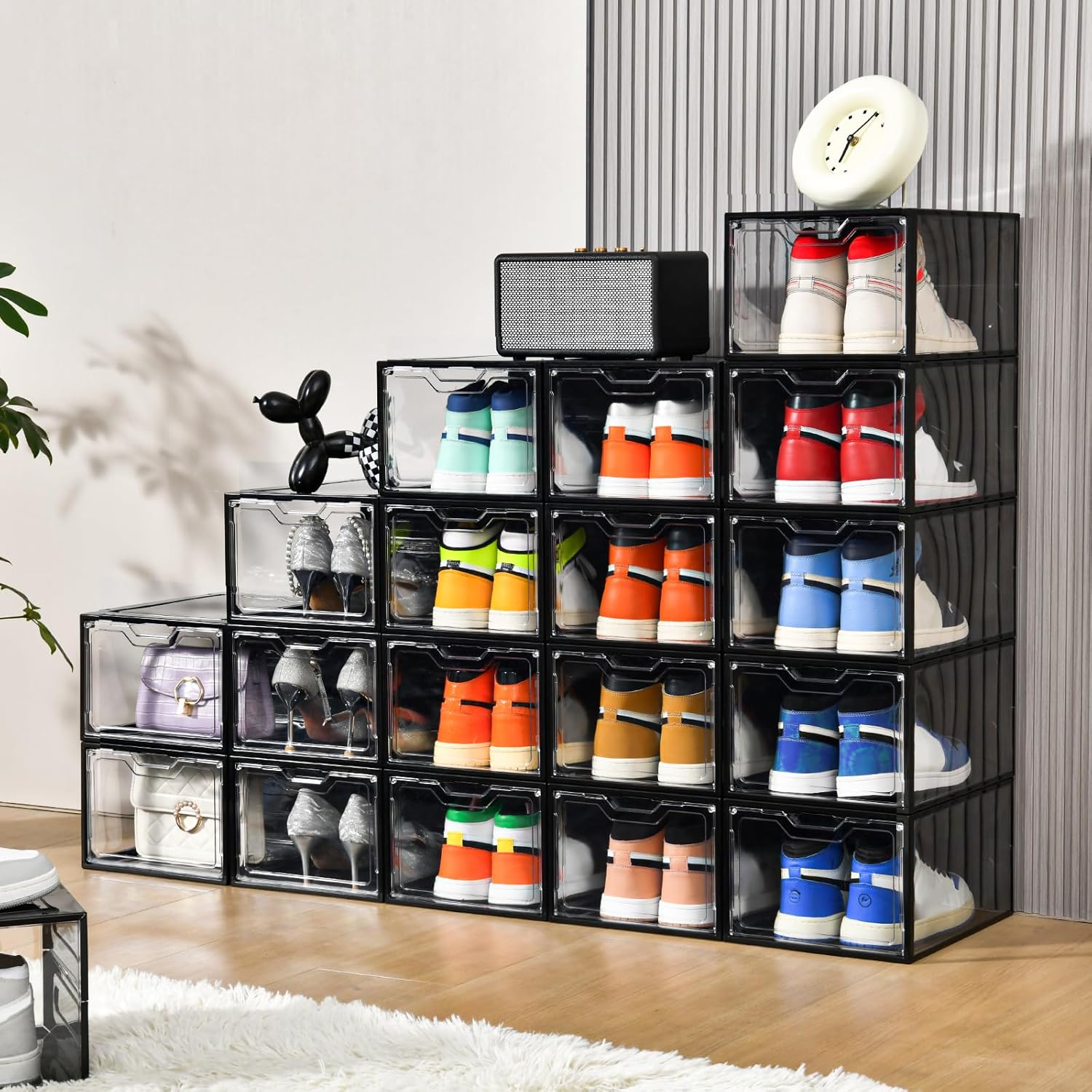 12 Pack Stackable Shoe Storage Organizer with Magnetic Door, Shoe Boxes Clear Black Plastic for