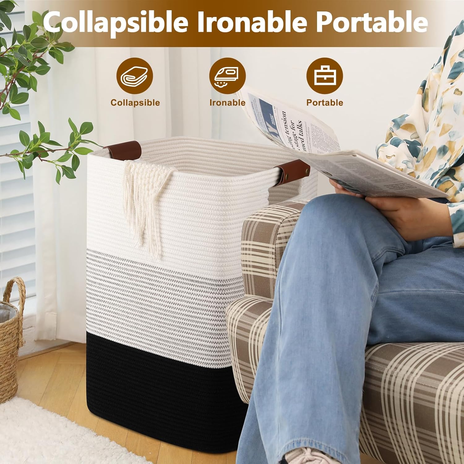 Laundry Hamper 96L Extra Large Laundry Basket, Woven Blanket Basket, Cotton Woven Storage Hamper
