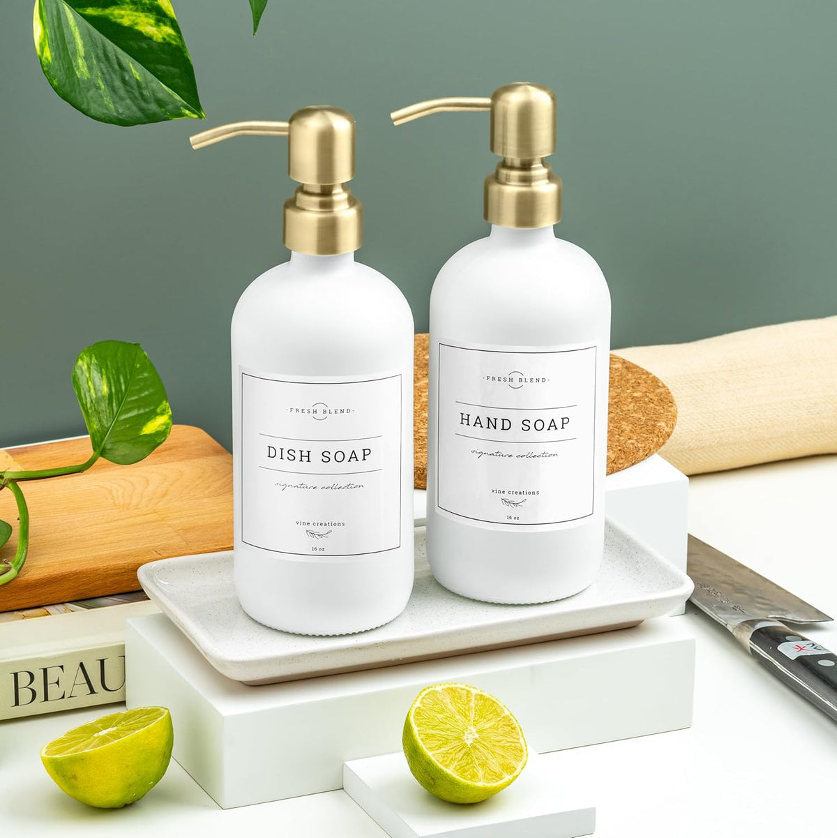 Vine Creations Glass Soap Dispenser, 2 Pack Kitchen Soap Dispenser Set with Ceramic Tray, Stainless