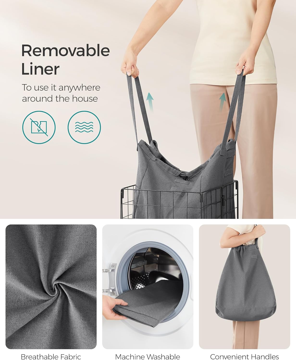 SONGMICS Laundry Hamper, 11 Gal. (50L) Laundry Basket, Collapsible Clothes Hamper, Removable and