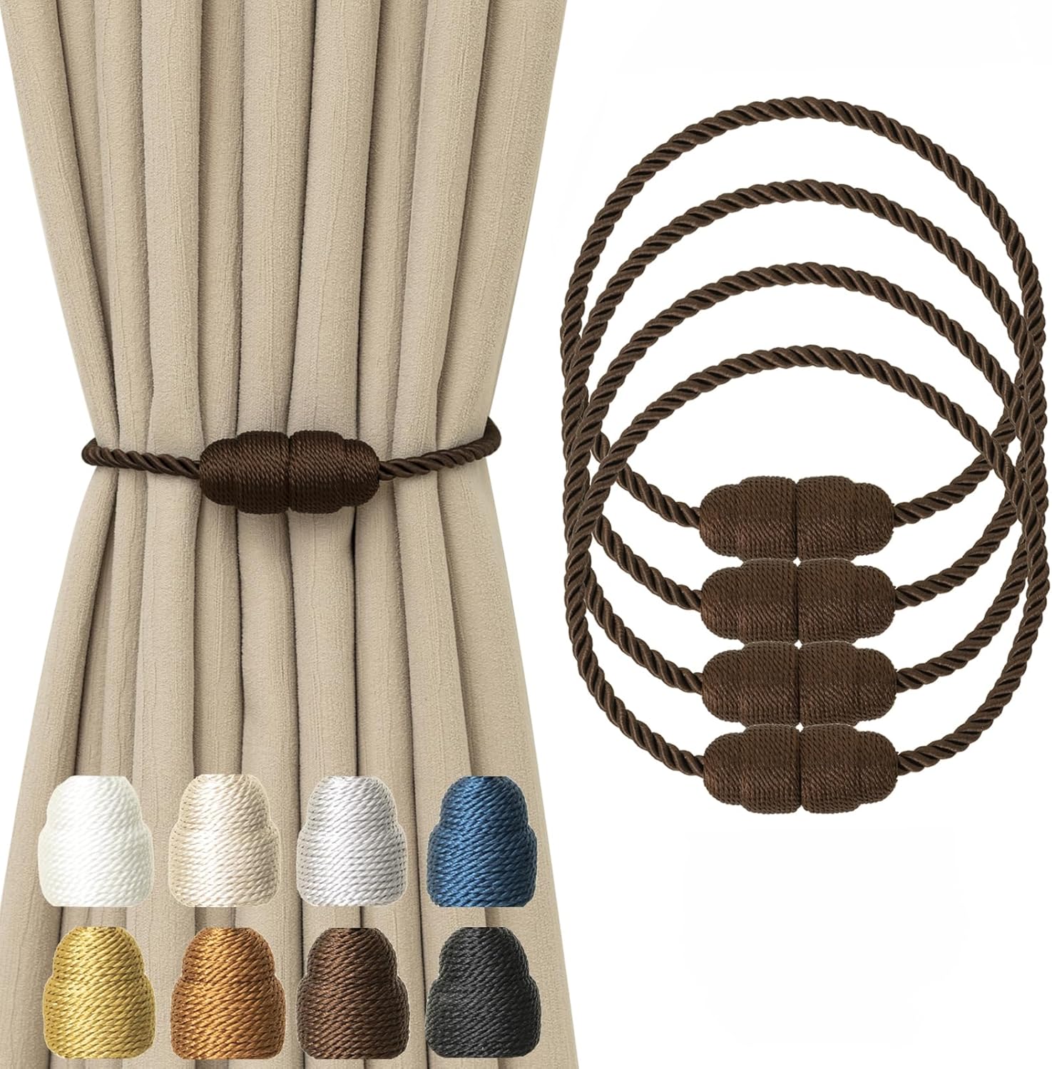 Magnetic Curtain Tiebacks Rope Tie Backs 4 Pack Decorative Window Holdbacks, Coffee