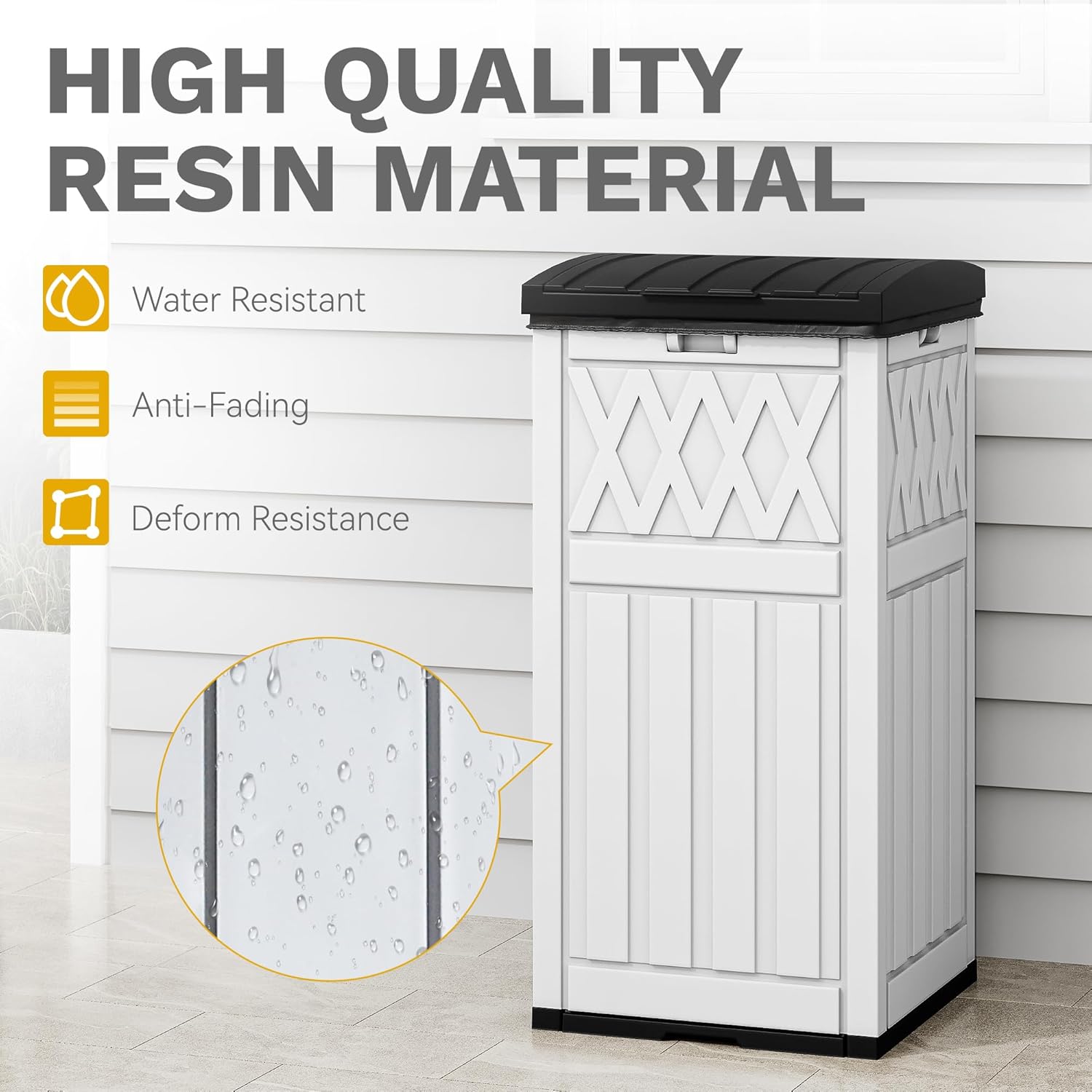 DWVO 36-Gallon Outdoor Trash Can with Fabric Bag, Tiered Lid & Drip Tray, Waterproof Resin Garbage