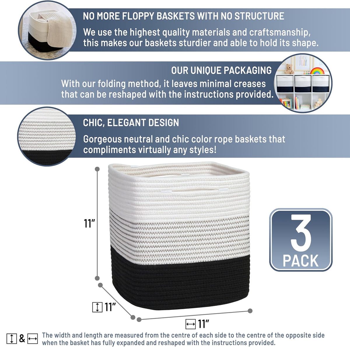 NaturalCozy Storage Cubes 11 Inch Cotton Rope Woven Baskets for Organizing, 3-Pack | Cube Storage