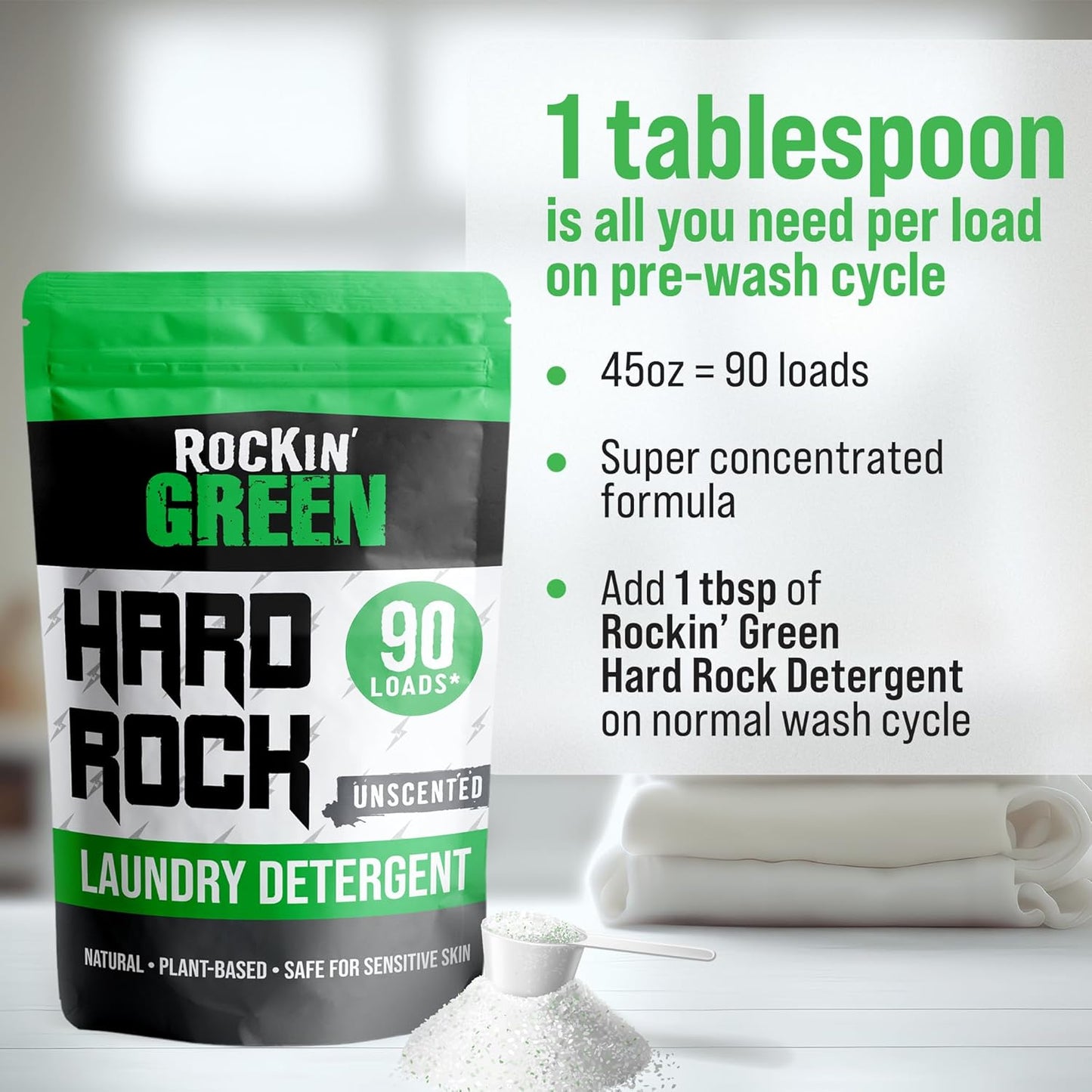 Rockin' Green Hard Rock Laundry Detergent for Hard Water (90 Loads), Plant based, Natural Laundry
