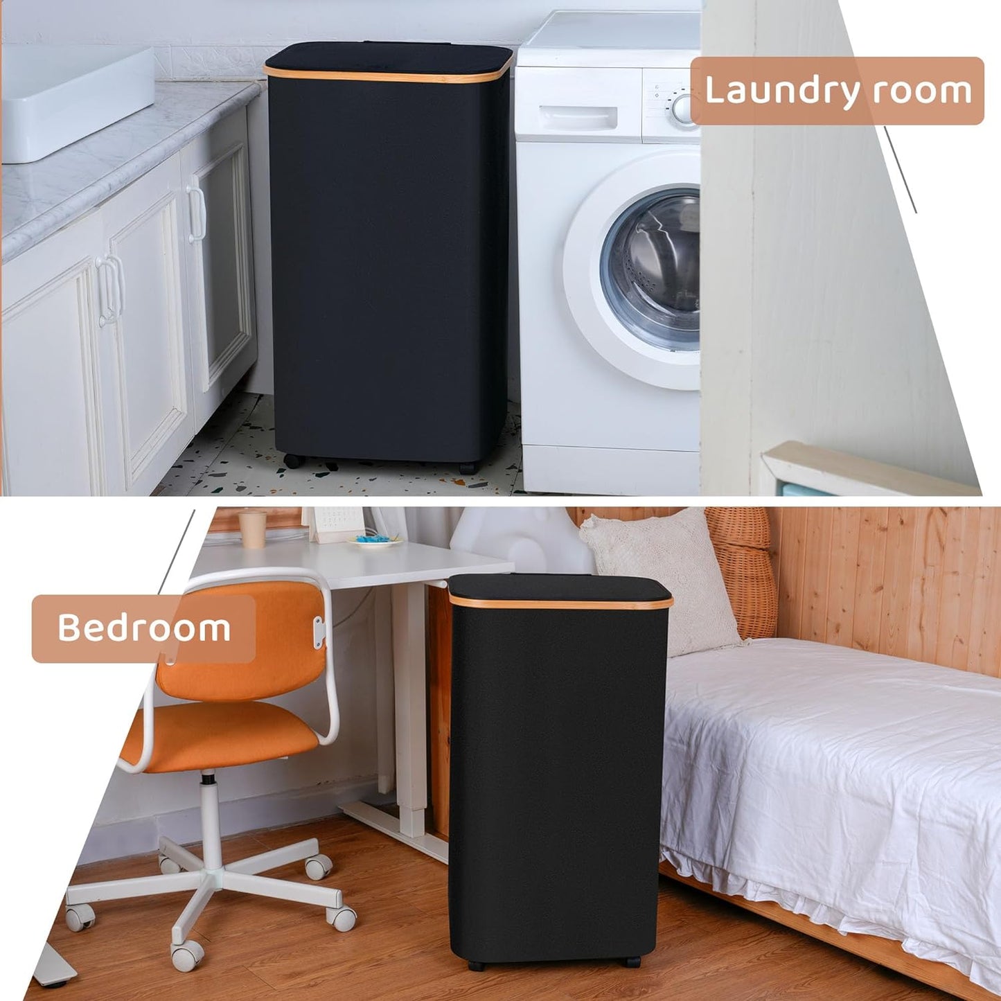 Laundry Basket with Wheels,100L Hampers for Laundry,Black Large Laundry Hamper with Lid and Bamboo