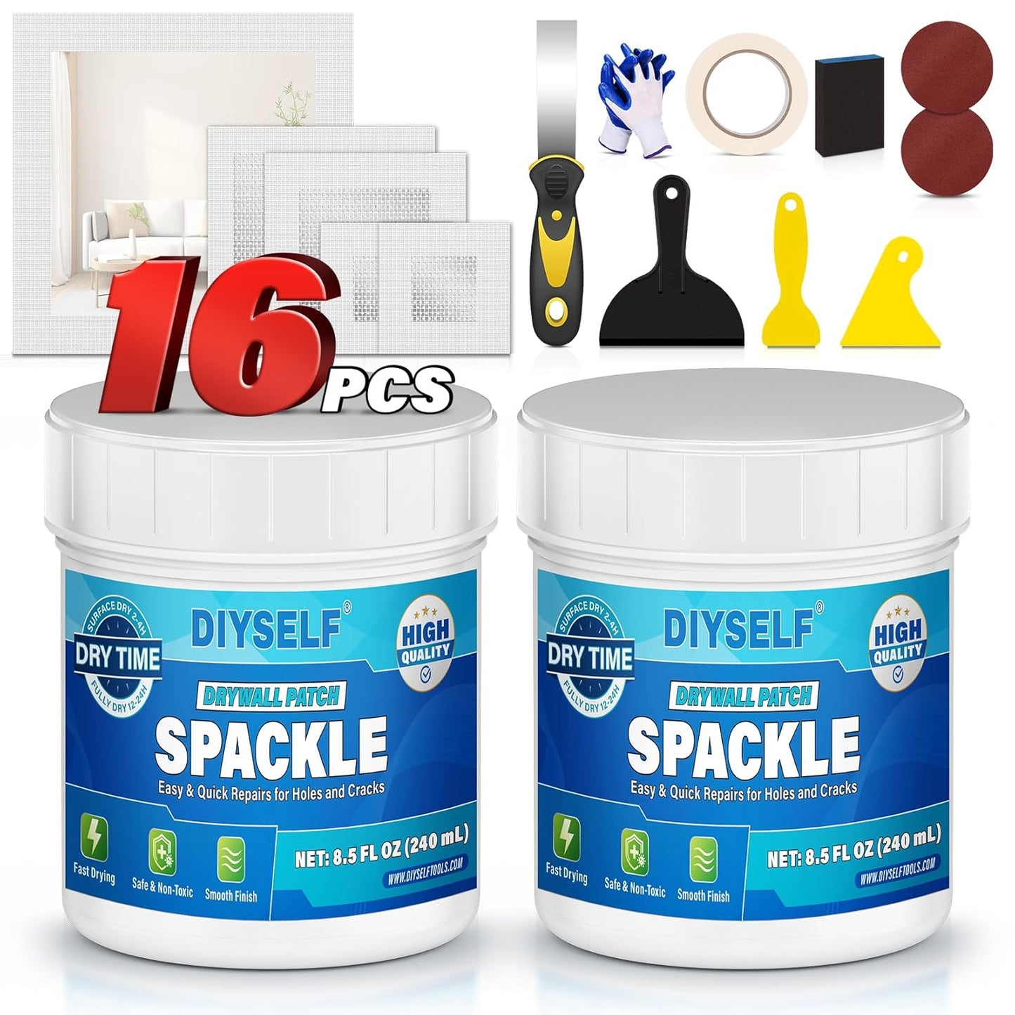 DIYSELF 16 Pieces Drywall Repair Kit Spackle Wall Repair Drywall Patch Kit Wall Patch Repair Kit