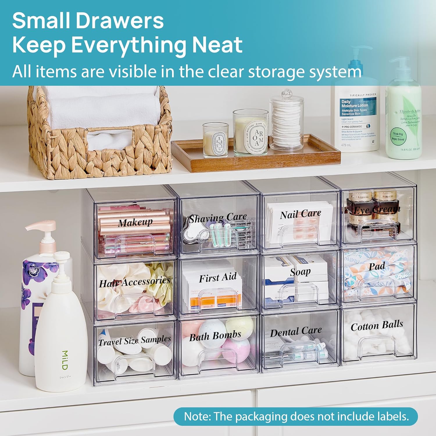 Vtopmart 8 Pack Clear Small Stackable Storage Drawers,Acrylic Bathroom Makeup Organizer,Plastic