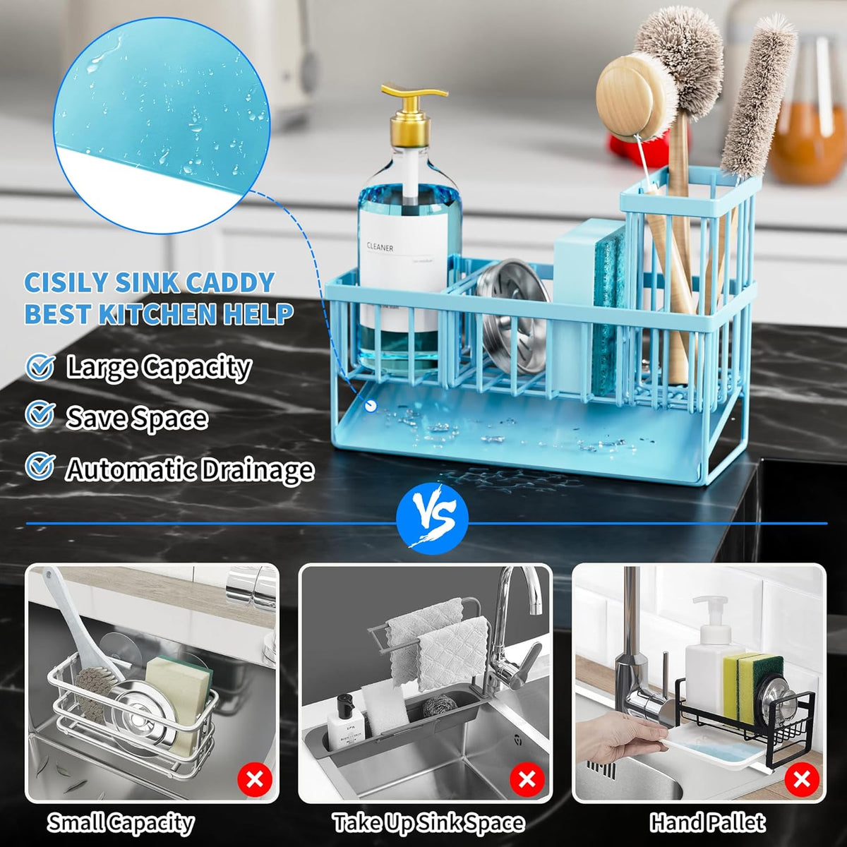 Cisily Blue Kitchen Sink Caddy Organzier with High Brush Holder, Sponge Holder for Sink, 304