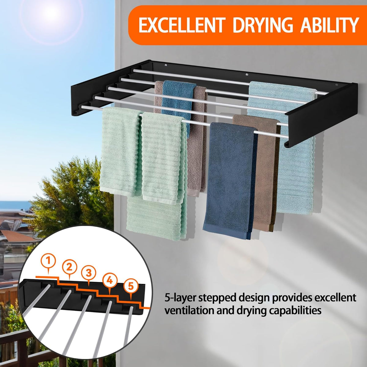 FOCHIER F Laundry Drying Rack Wall Mounted Clothes Drying Rack Collapsible with 5 Aluminum Rods and