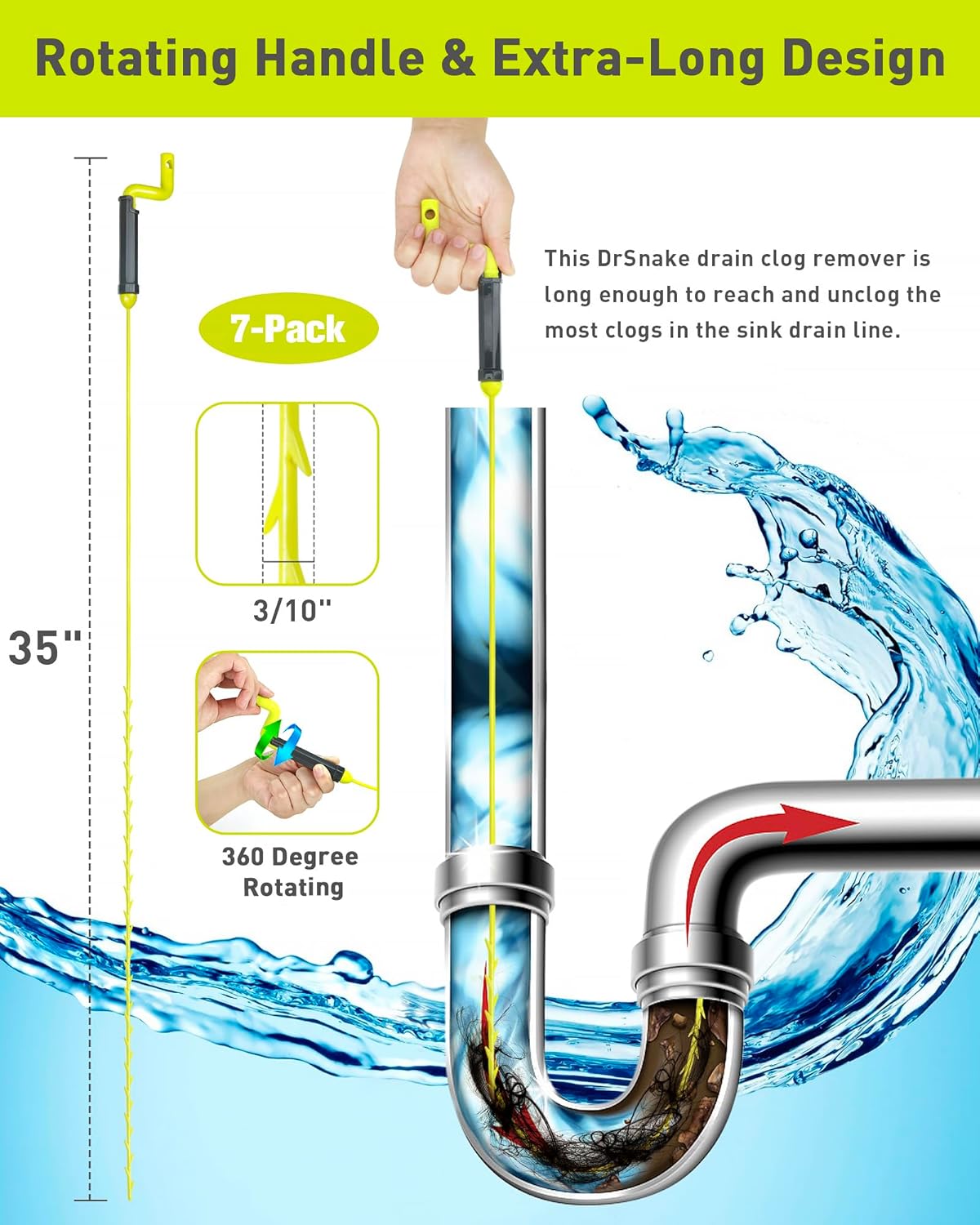 35inch Drain Clog Remover, Drain Cleaner Hair Clog Remover with Rotating Handle and 7 Refills