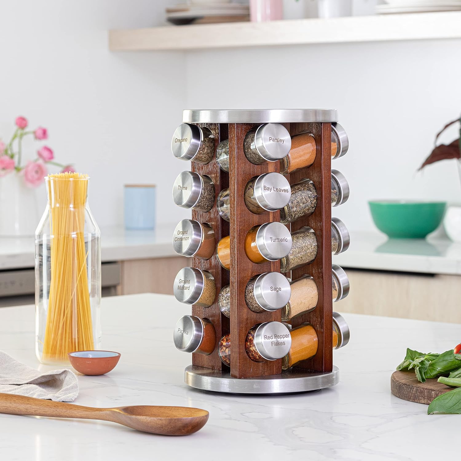 Orii 20 Jar Dark Acacia Wood Spice Rack with Spices Included - Rotating Tower Organizer for Kitchen