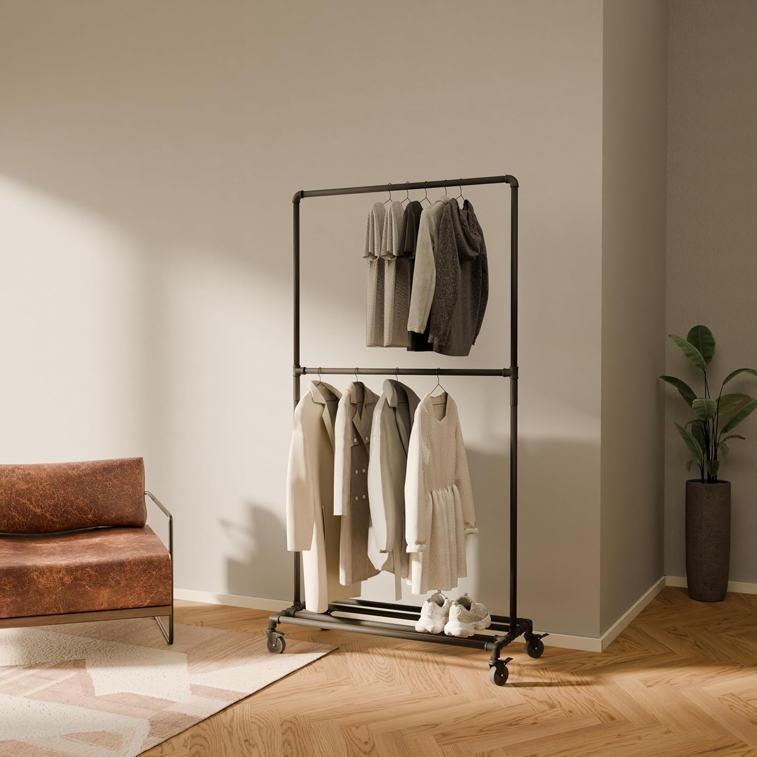 pamo Industrial Pipe Clothing Rack with Shelf - 130 lbs Capacity - Free Standing Clothes Rack and