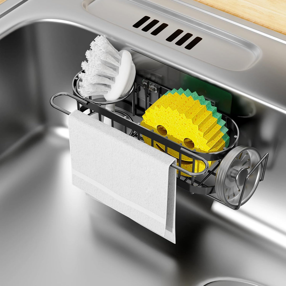 Cisily Kitchen Sink Caddy Sponge Holder in The Sink, Stainless Steel Kitchen Sink Organizer, Brush