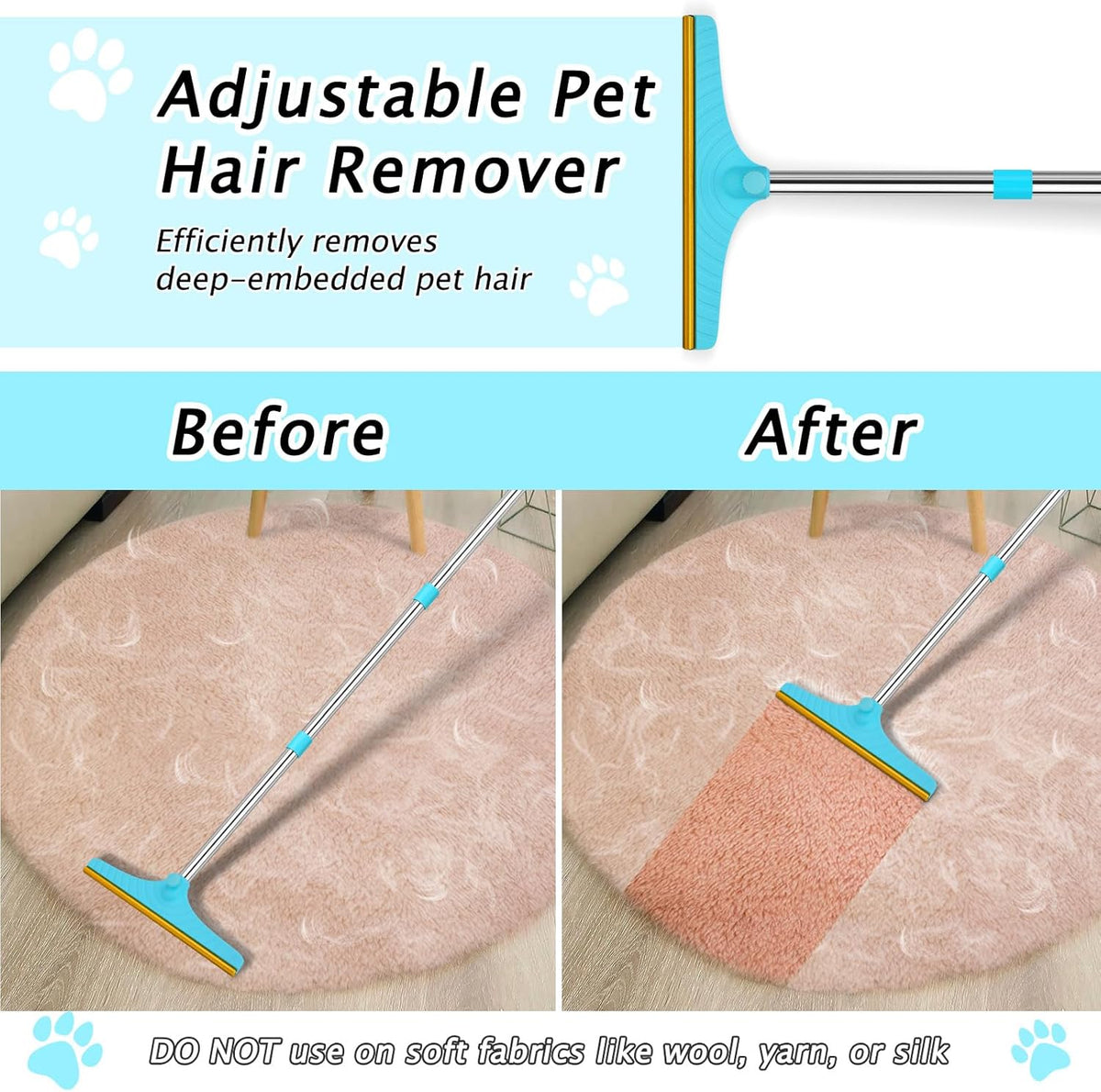 Carpet Rake for Pet Hair Removal - Reusable Pet Hair Remover, 60” Adjustable Long Handle Cat Dog