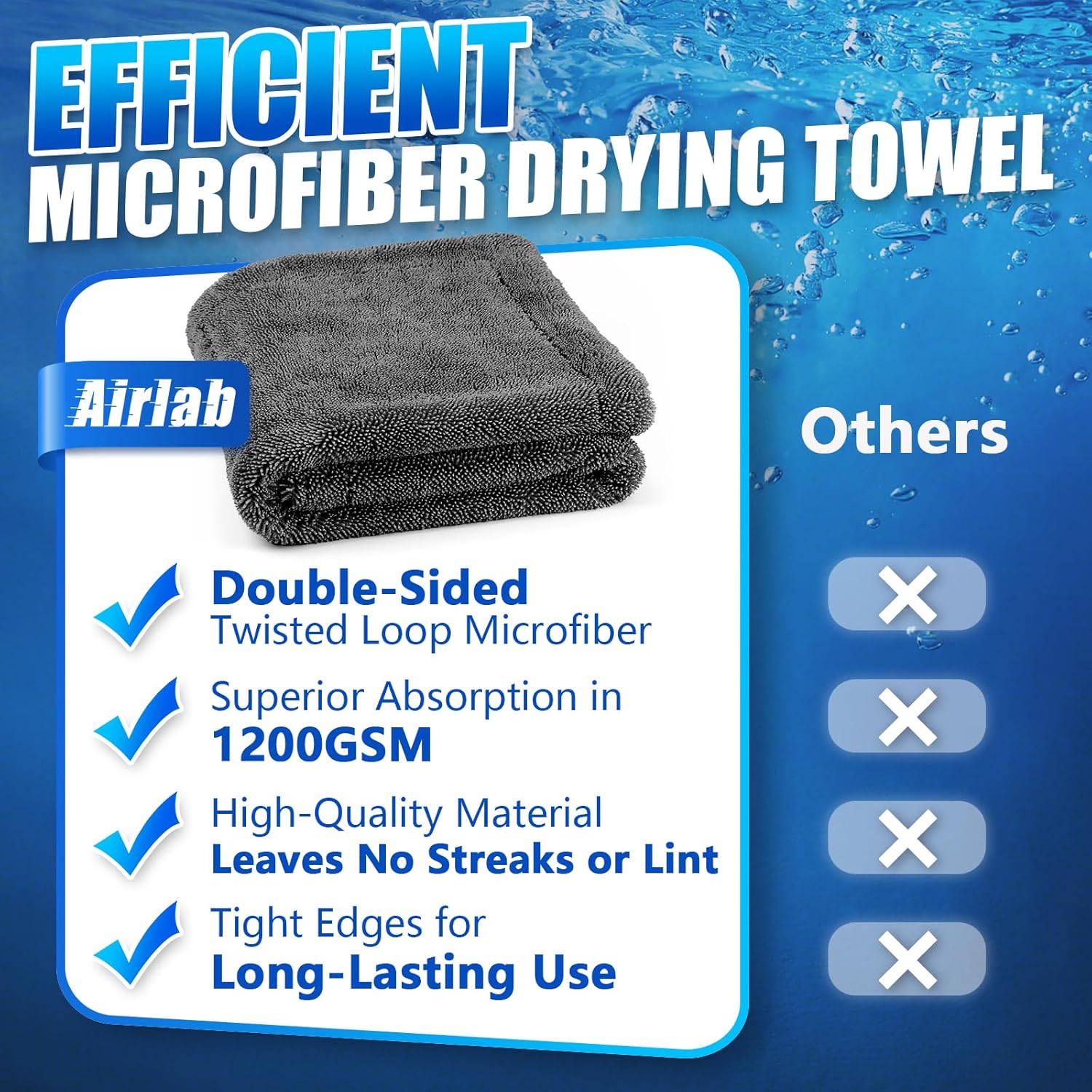Airlab Car Drying Towel Microfiber Towels for Cars 1200 GSM Wash Auto Detailing Supplies Twist Pile