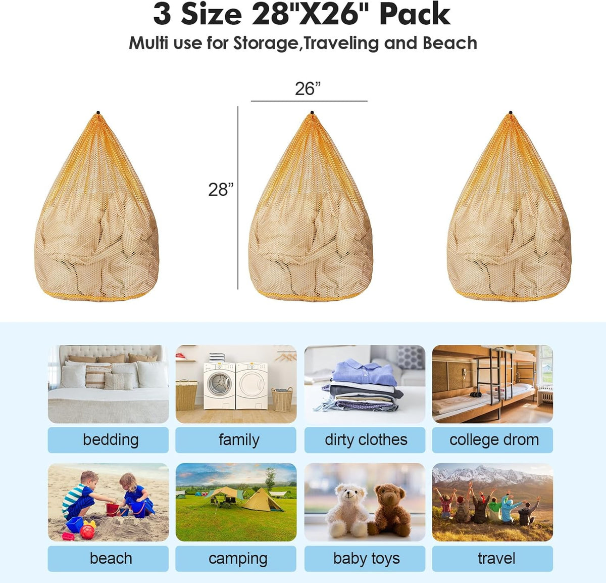3Pcs Mesh Laundry Bags Washing Machine Mesh Wash Bags Jumbo for Delicates Clothes,Bed Linen,Toys