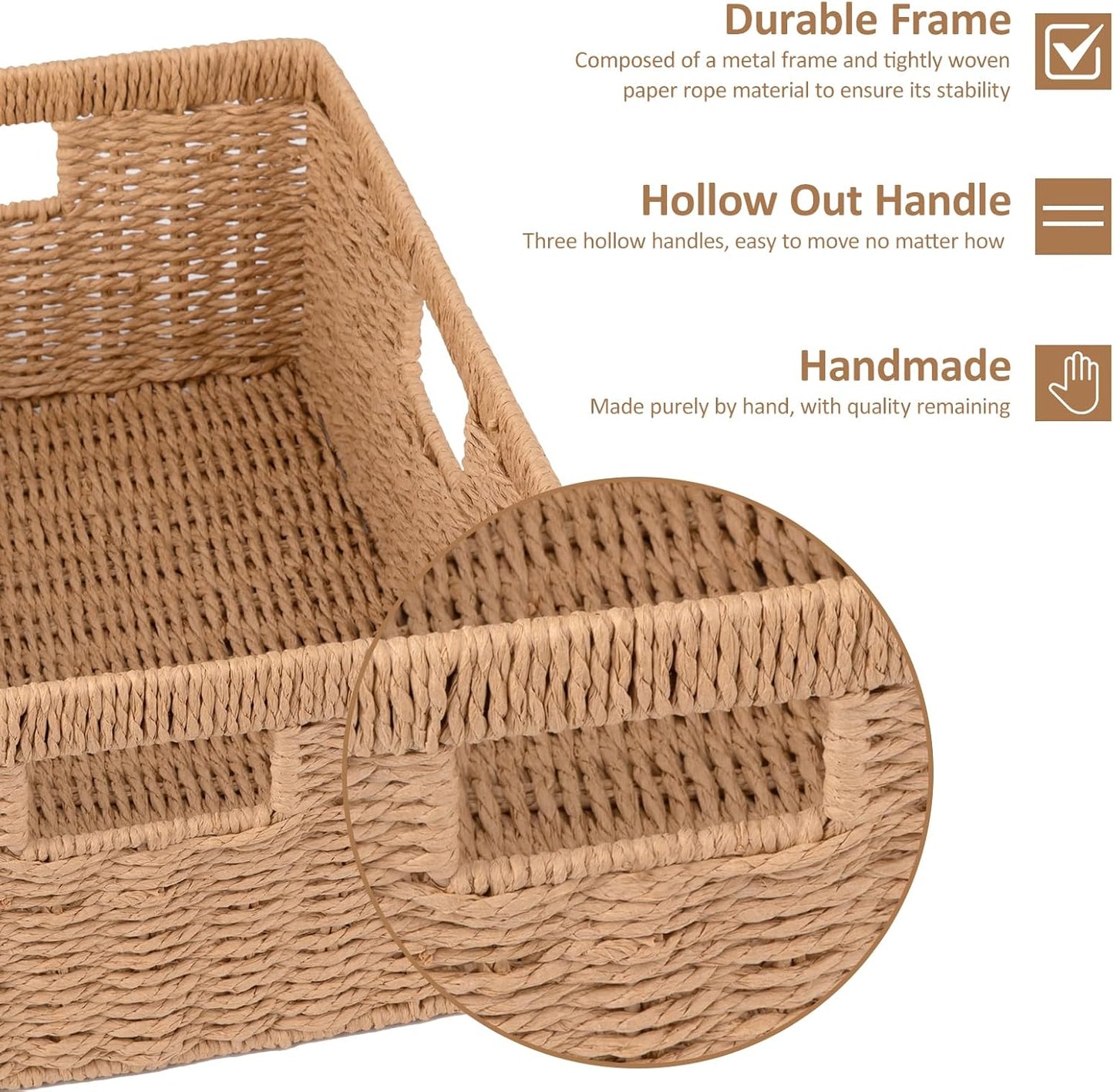 OIAHOMY Wicker Basket, Paper Shelf Basket with Built-in Handles, Rectangular Wicker Storage Bin for