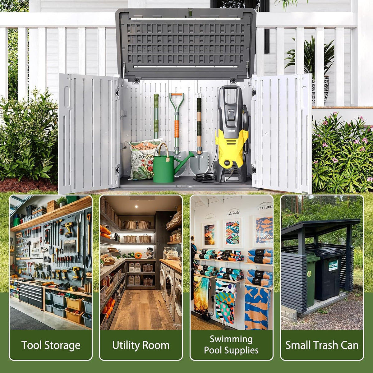 Aoxun Outdoor Storage Cabinet 35 Cu.Ft Outdoor Trash Can Storage Shed Waterproof Horizontal Storage