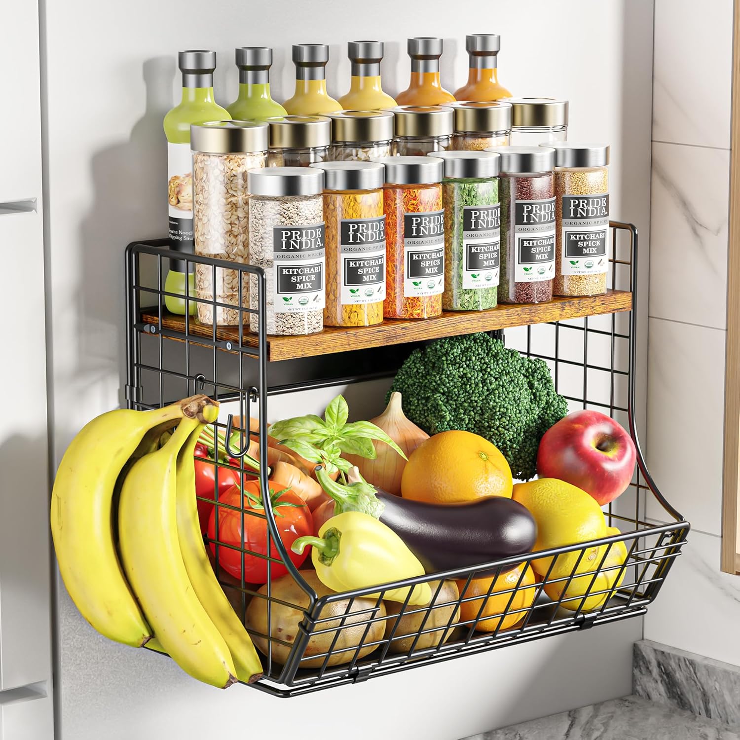 Magnetic Shelf for Fridge with Wood Lid, Fruit Potato and Onion Storage Bins, Pantry Organizers and