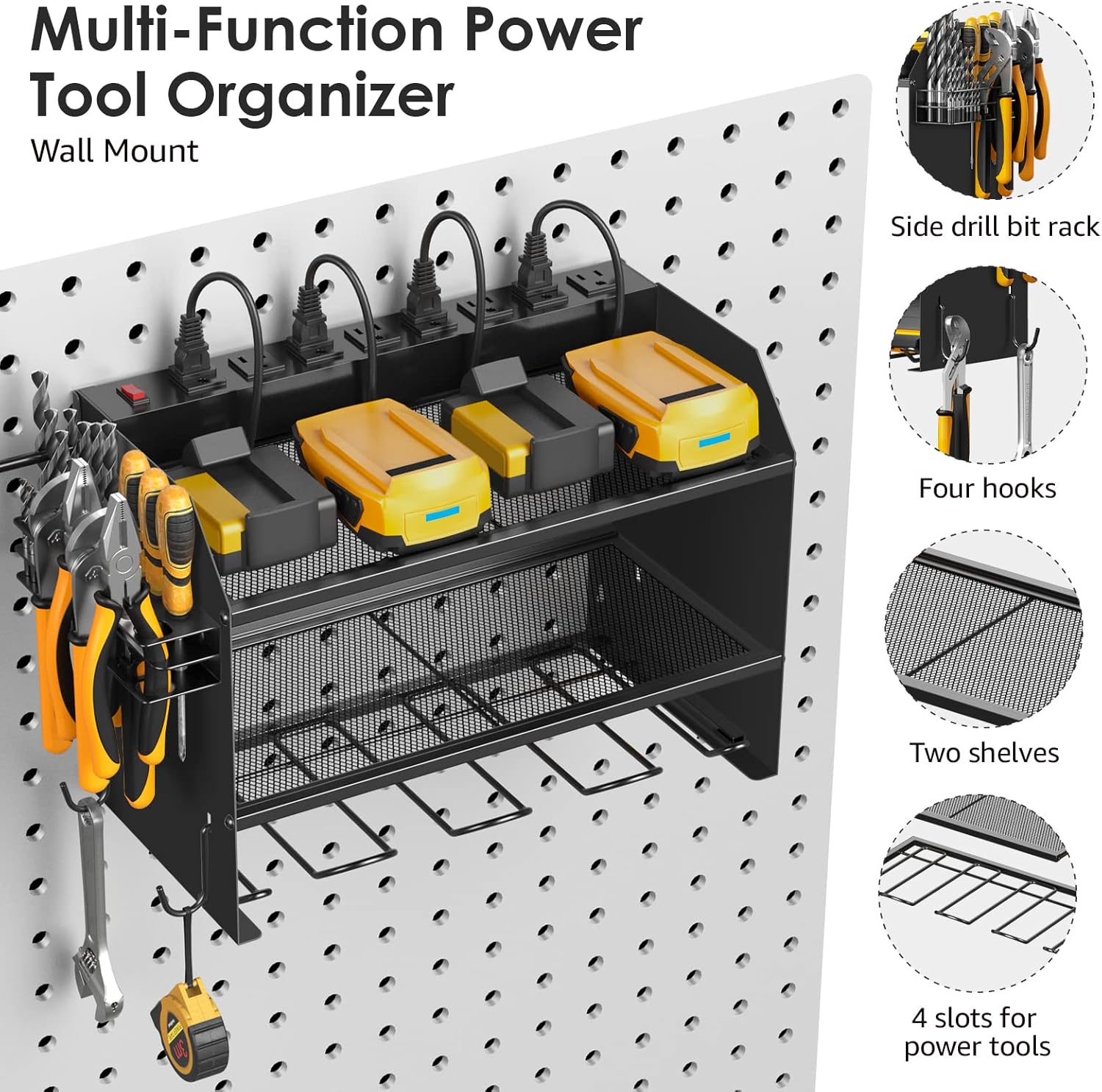 CCCEI Modular Power Tool Organizer Wall Mount with Charging Station. Garage 4 Drill Storage Shelf