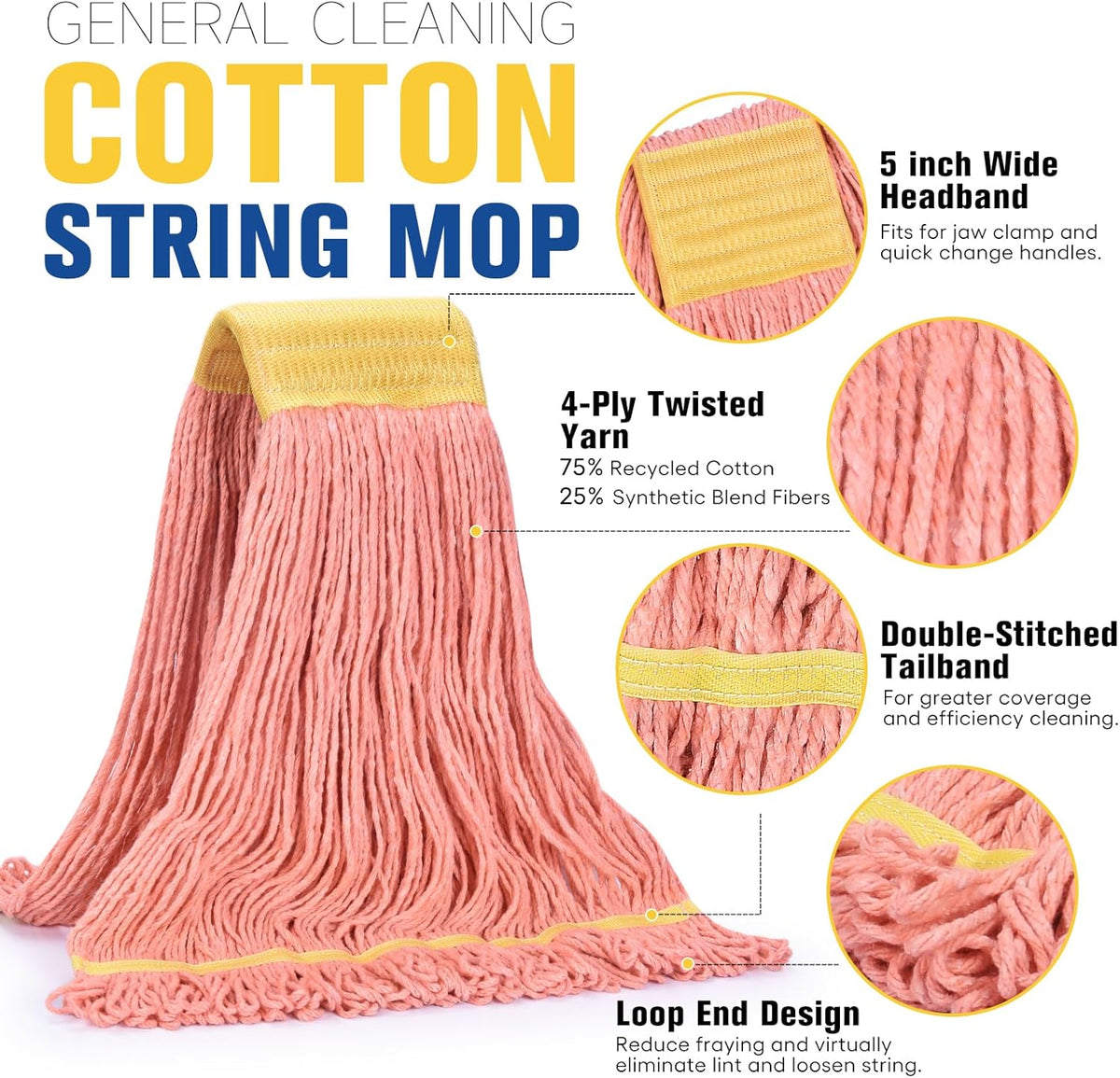 Matthew Cleaning Commercial Mop Head Replacement, 5 Inch Wide Headband, Looped End Cotton Blend