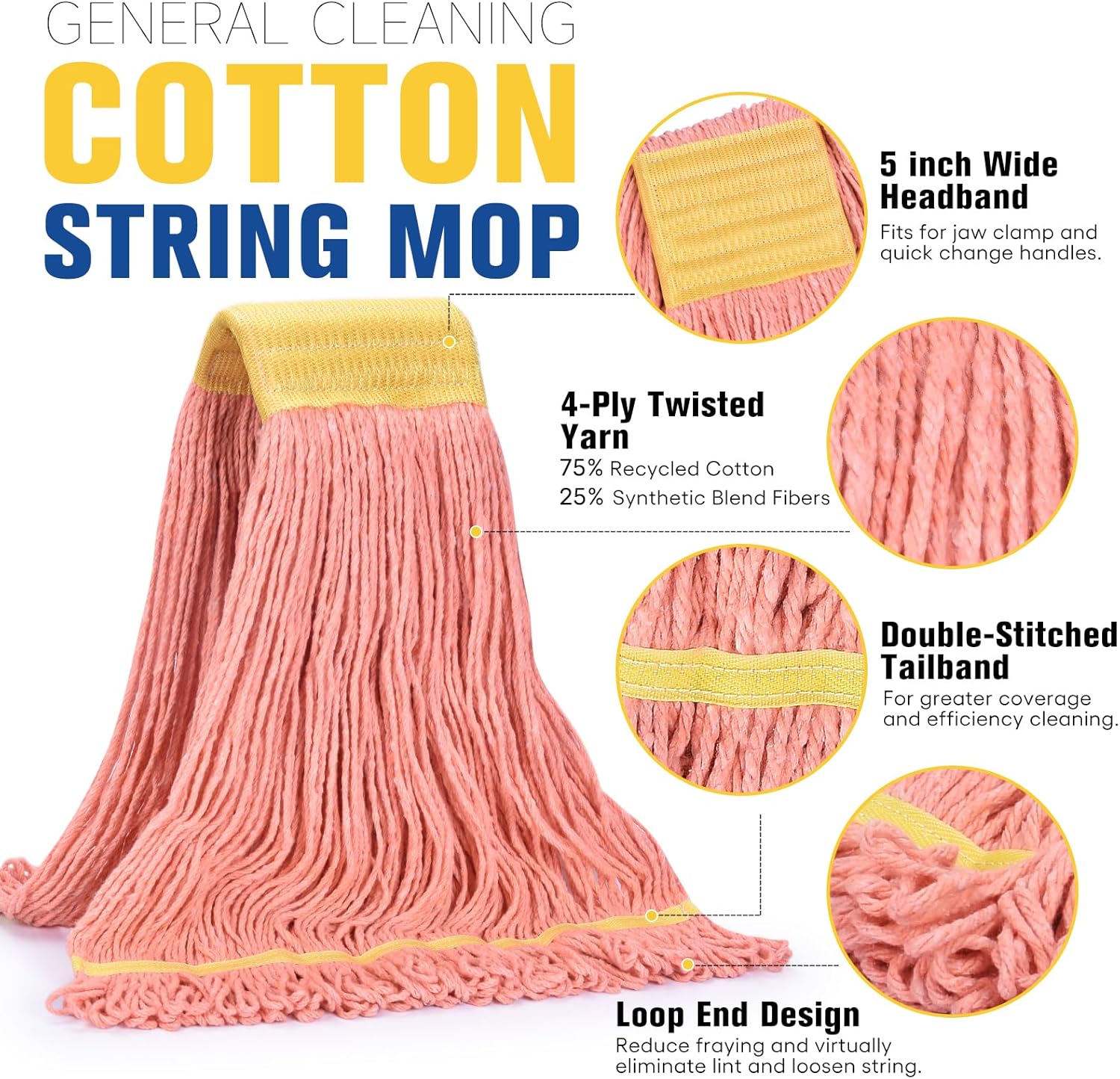 Matthew Cleaning Commercial Mop Head Replacement, 5 Inch Wide Headband, Looped End Cotton Blend