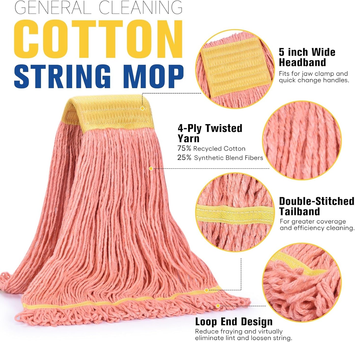 Matthew Cleaning Commercial Mop Head Replacement, 5 Inch Wide Headband, Looped End Cotton Blend