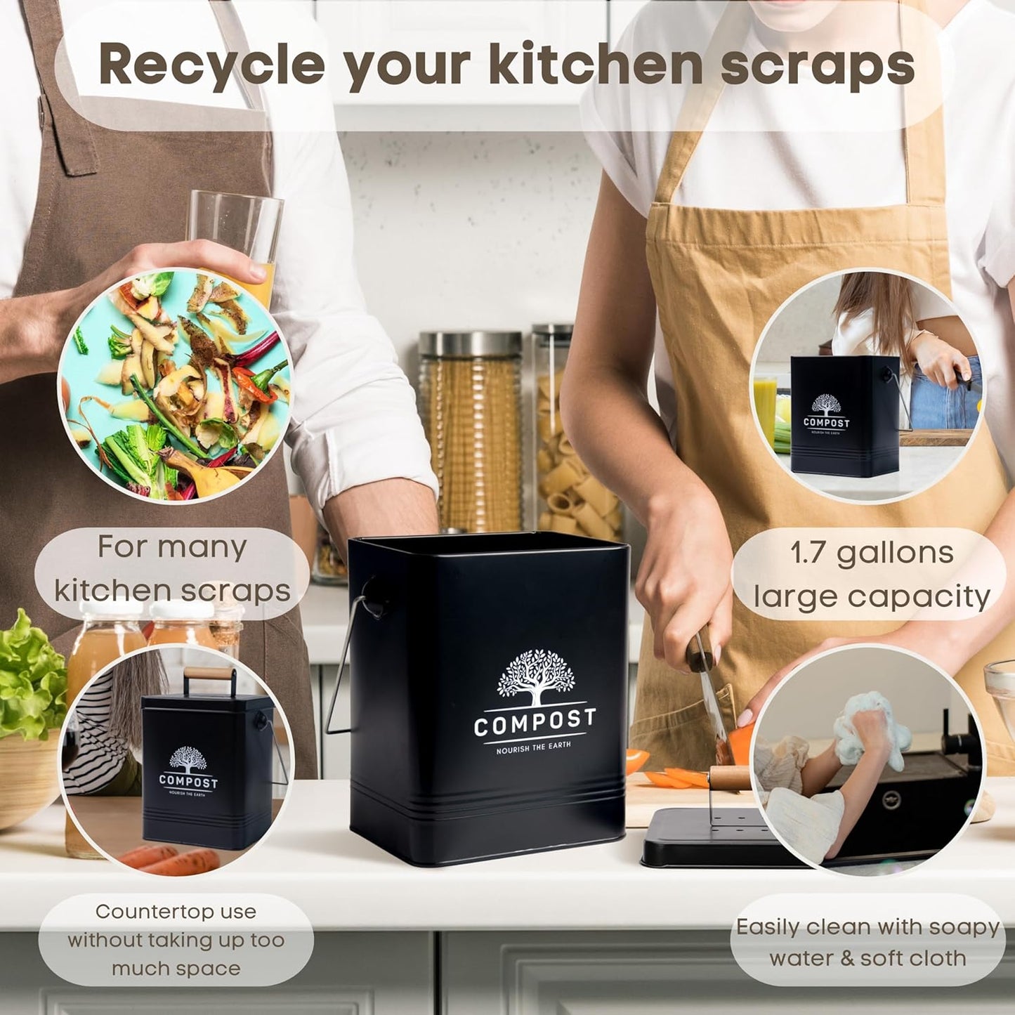 PERFNIQUE Kitchen Compost Bin, 1.7 Gallon Countertop Compost Bin with Lid, Indoor Compost Bin