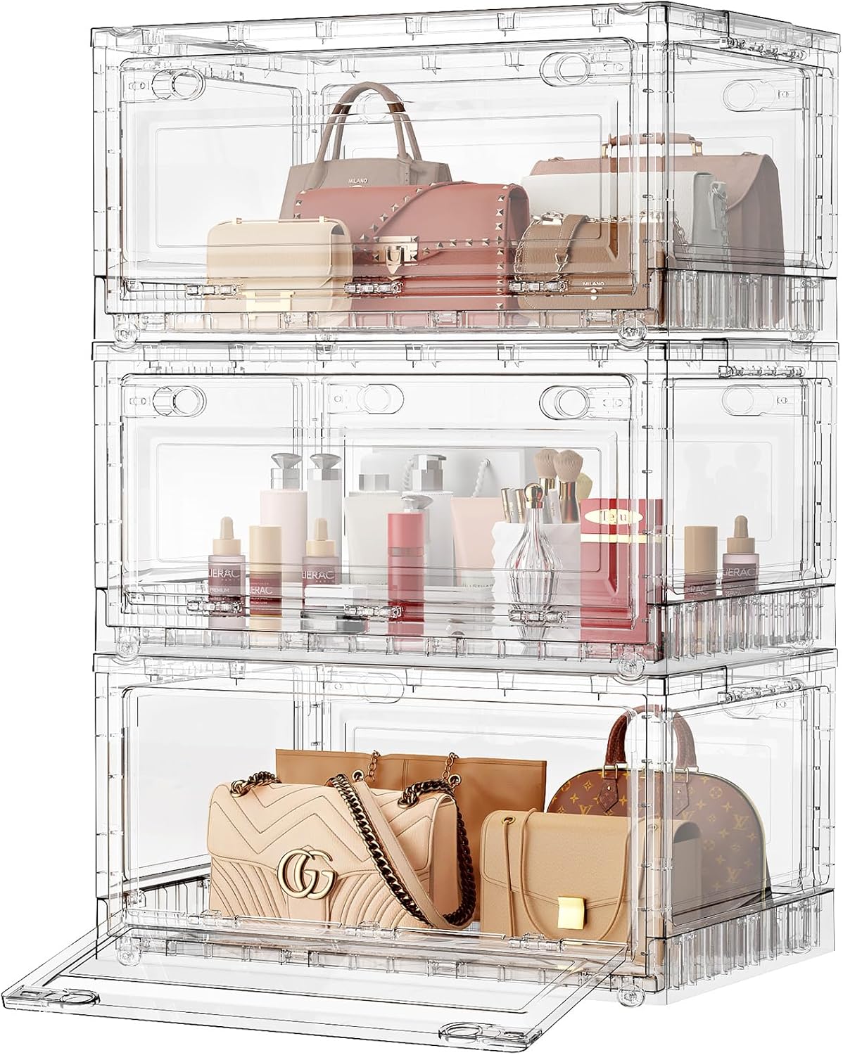BROVIEW Clear Stackable Storage Bins Drawers, Open Front Large Plastic Storage Bins with Lids