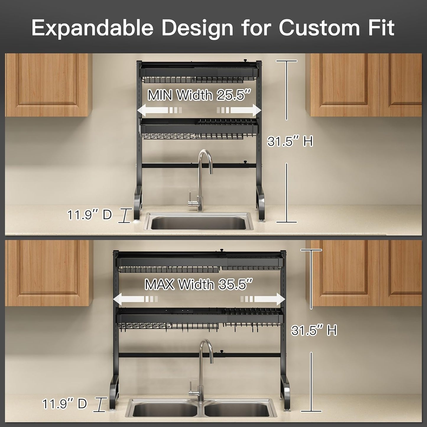 3 Tier Extra Large Stainless Steel Expandable Over The Sink Dish Drainer Drying Rack, Rust Proof