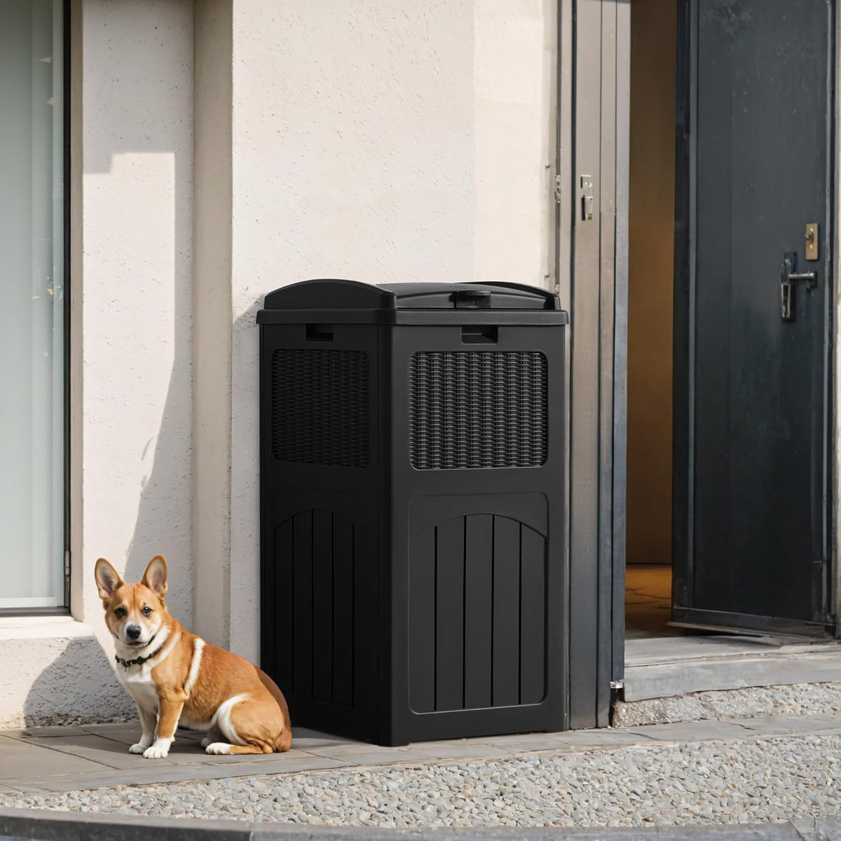 Flamaker 30 Gallon Trash Can, Resin Outdoor Garbage Can with Lid, Waterproof Hideaway Patio Waste