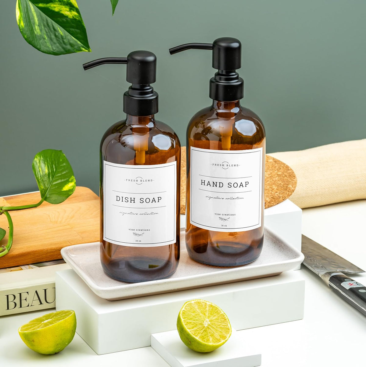 Vine Creations Amber Glass Soap Dispenser, 2 Pack Kitchen Soap Dispenser Set with Ceramic Tray