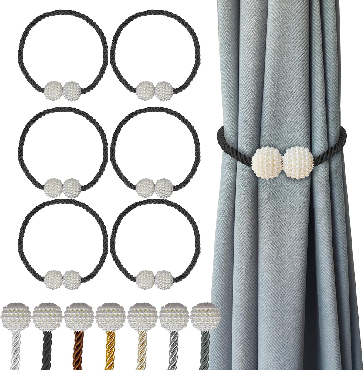 Hion Magnetic Curtain Tiebacks Black 6 Pack, Curtain Tiebacks Buckles Holdbacks Holders Hooks Clip