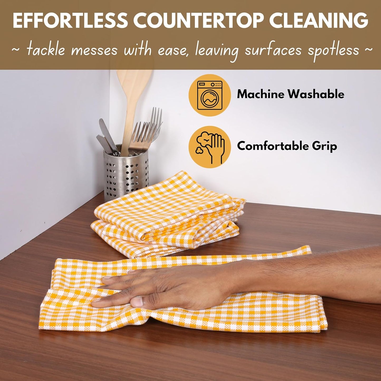 Native Fab 6 Pack Gingham Mini Check Kitchen Hand Towels Set - 100% Cotton Absorbent Reusable