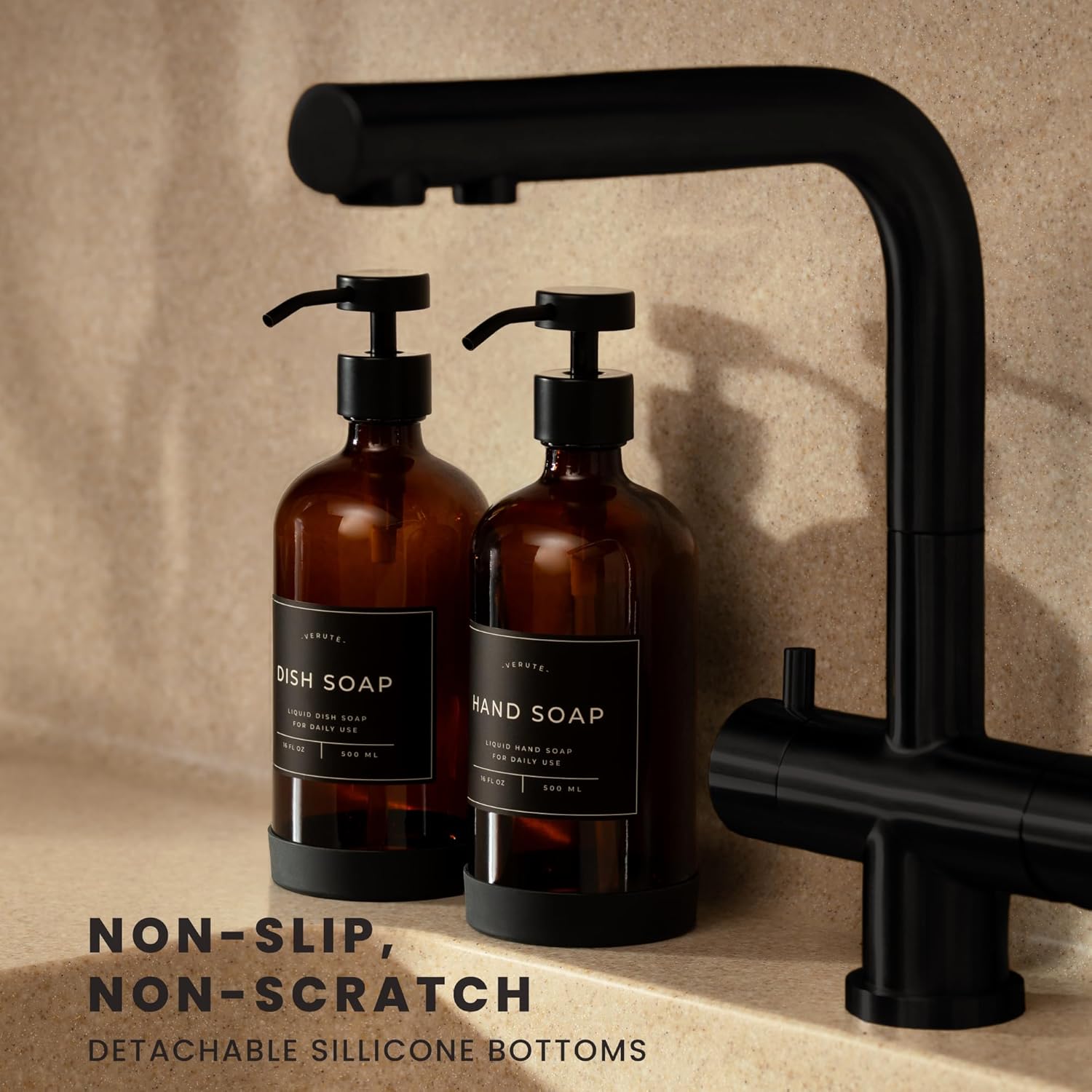 16oz Glass Soap Dispenser with Stainless Steel Pump, 21 Waterproof Labels, Non-Slip Protective