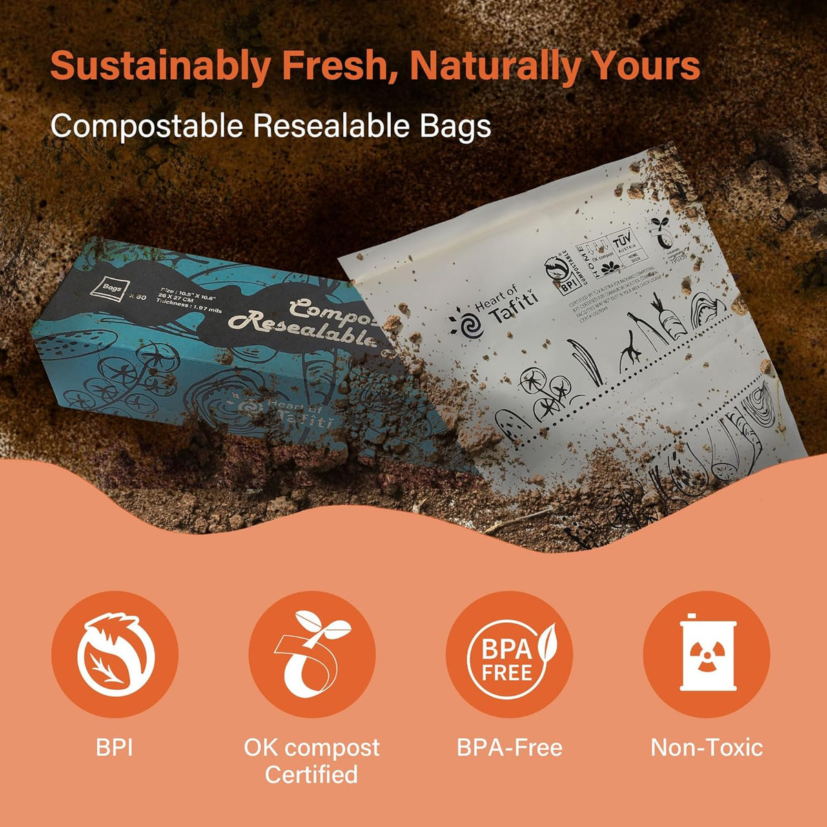 Compostable Food Storage Bags, Large Gallon Resealable Freezer Bags, 30 Count, 10.5 x 10.6 inches