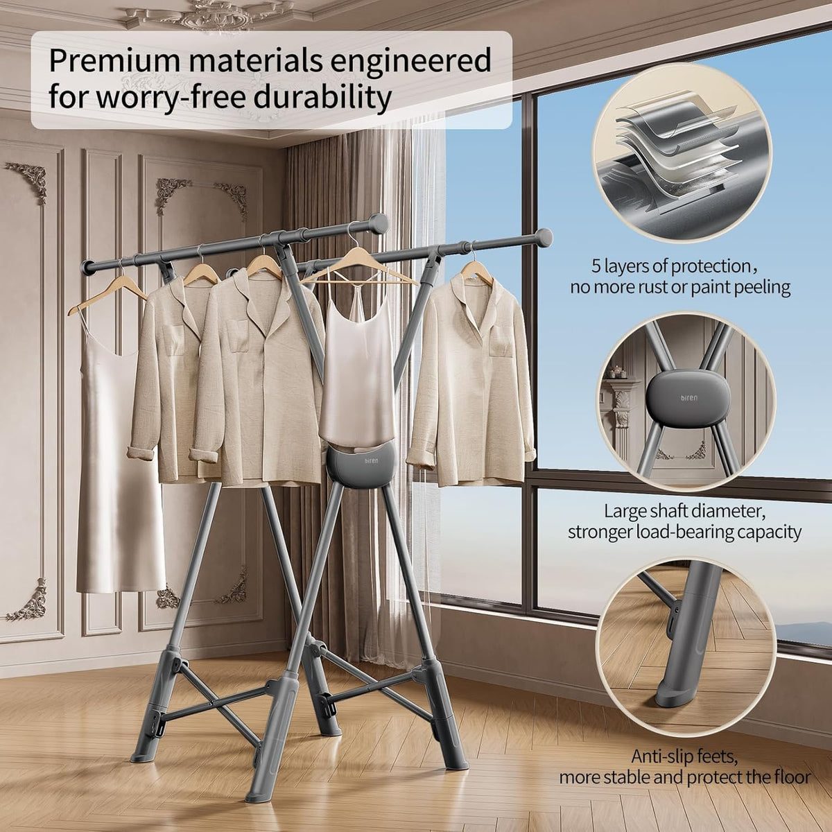 BIREN Clothes Drying Rack Heavy Duty Clothing Racks Extending Laundry Rack Two Drying Modes Garment