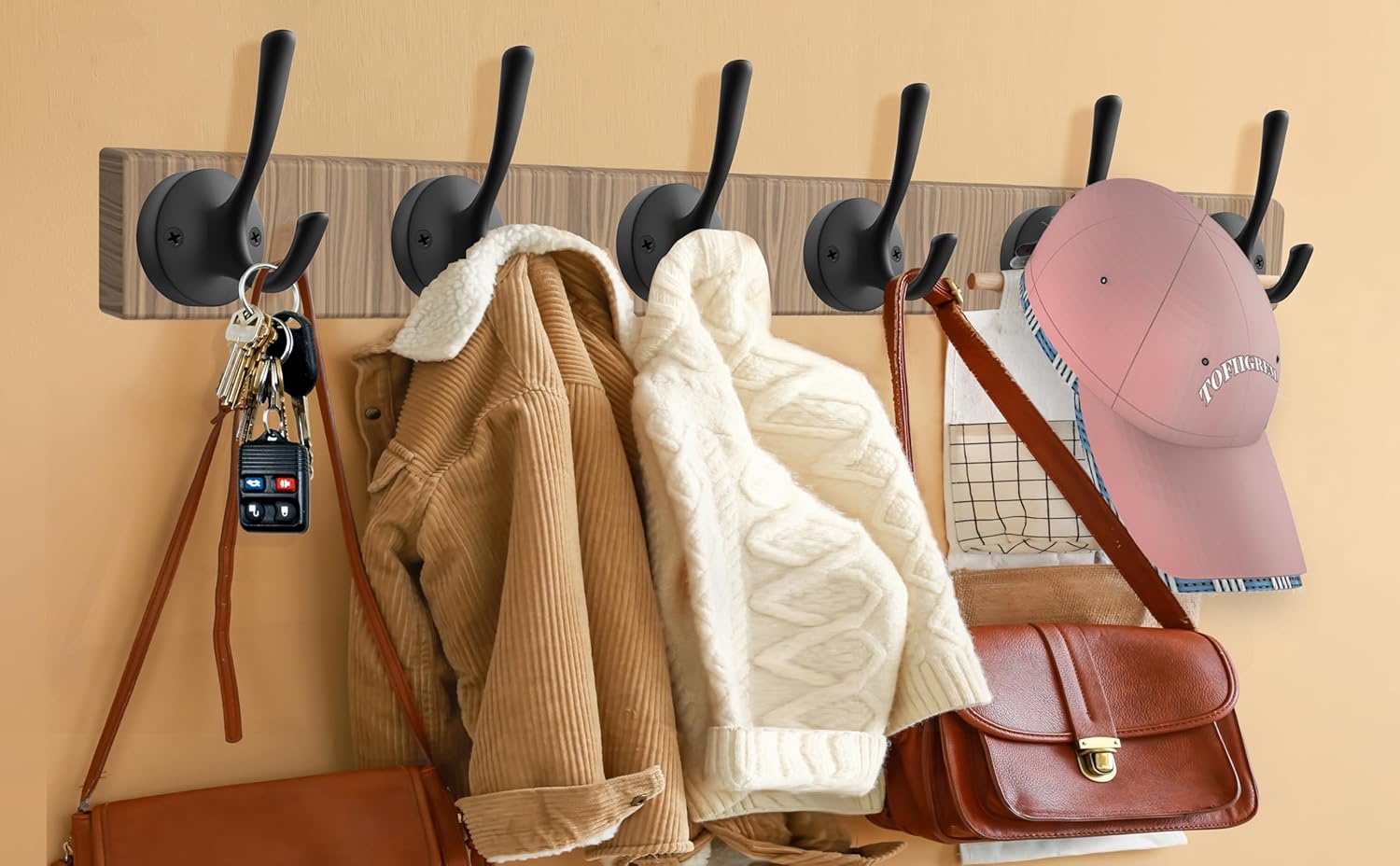 Black Wall Hooks, 6 Pack Coat Towel Hook Heavy Duty Metal Double Bath Robe Hook Wall Mounted, Hat